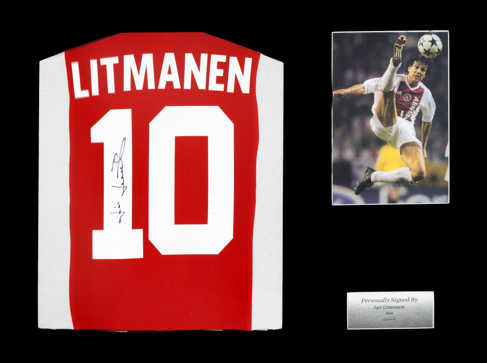 AFC Ajax T-shirt, with Jari Litmanen's holograph signature, framed