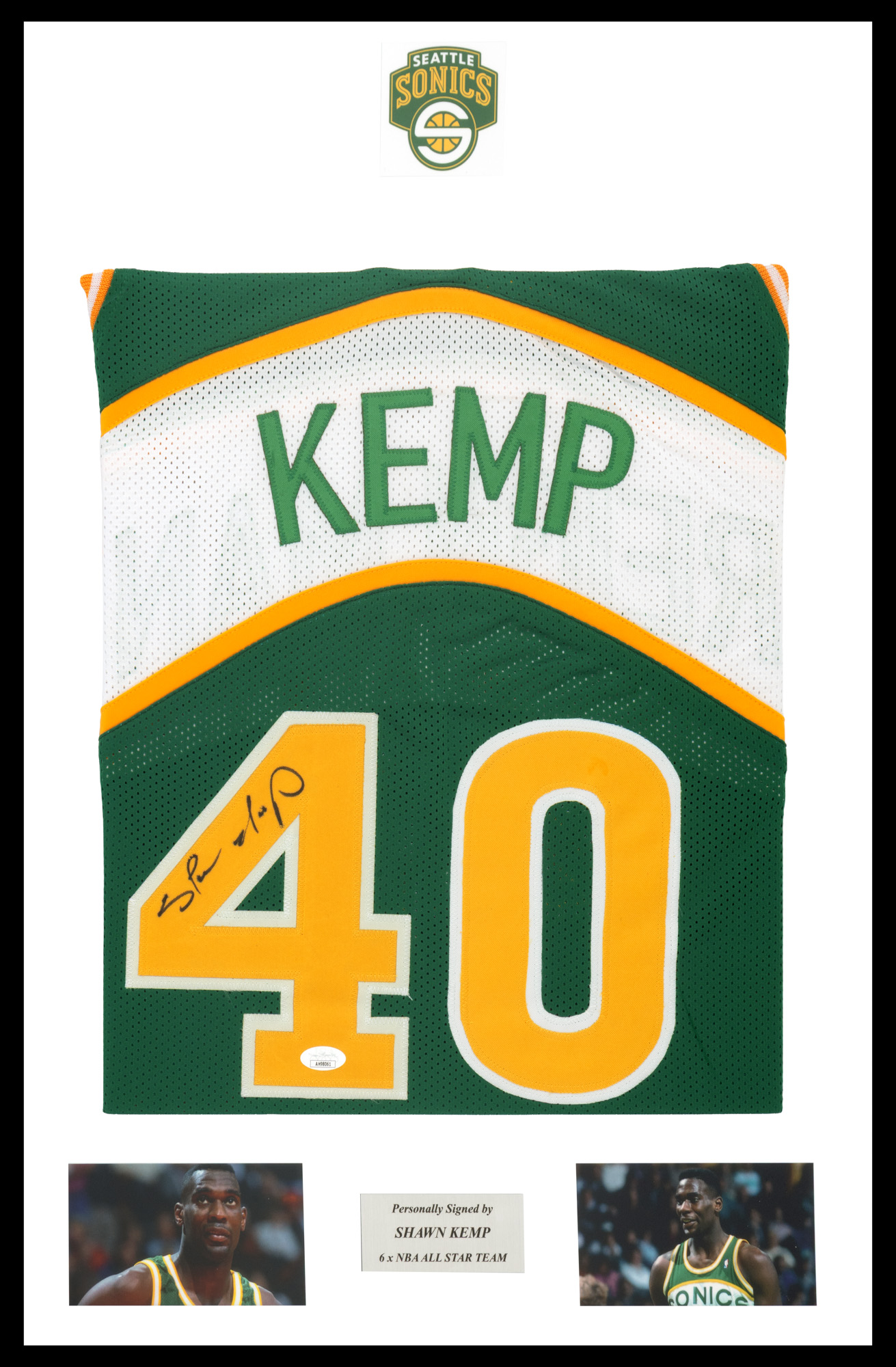 Framed Seattle Sonics shirt, with Shawn Kemp's holographic signature