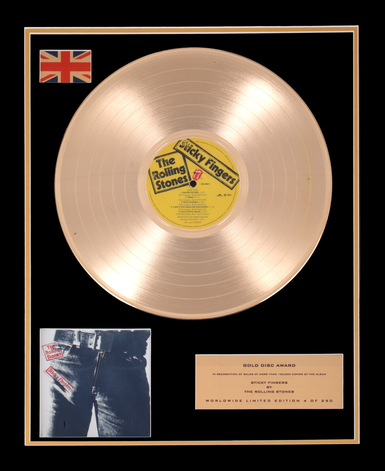 Replică a discului de aur acordat trupei Rolling Stones, pentru vânzările albumului "Sticky Fingers", ediție limitată, înrămat