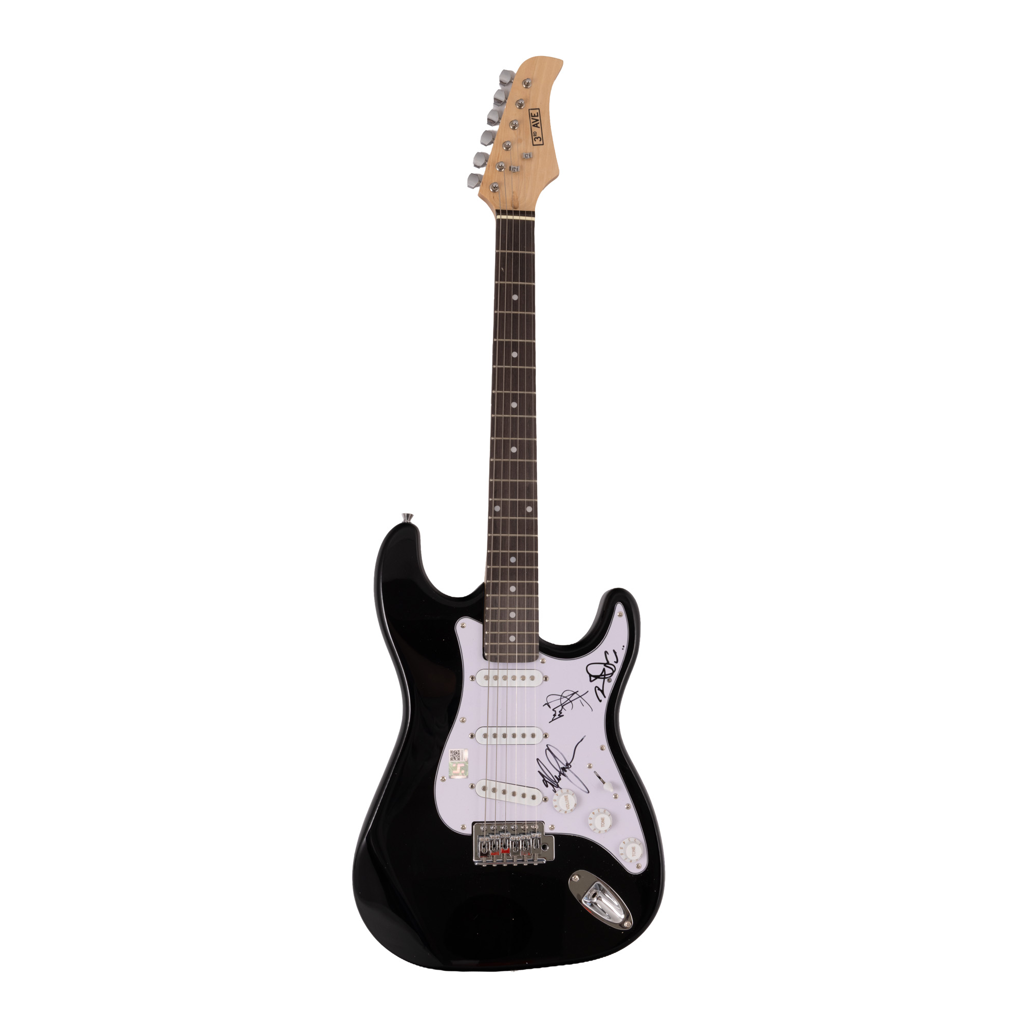 Electric guitar, with autographs of Robert Plant, Jimmy Page, and John Paul Jones, members of the band Led Zeppelin