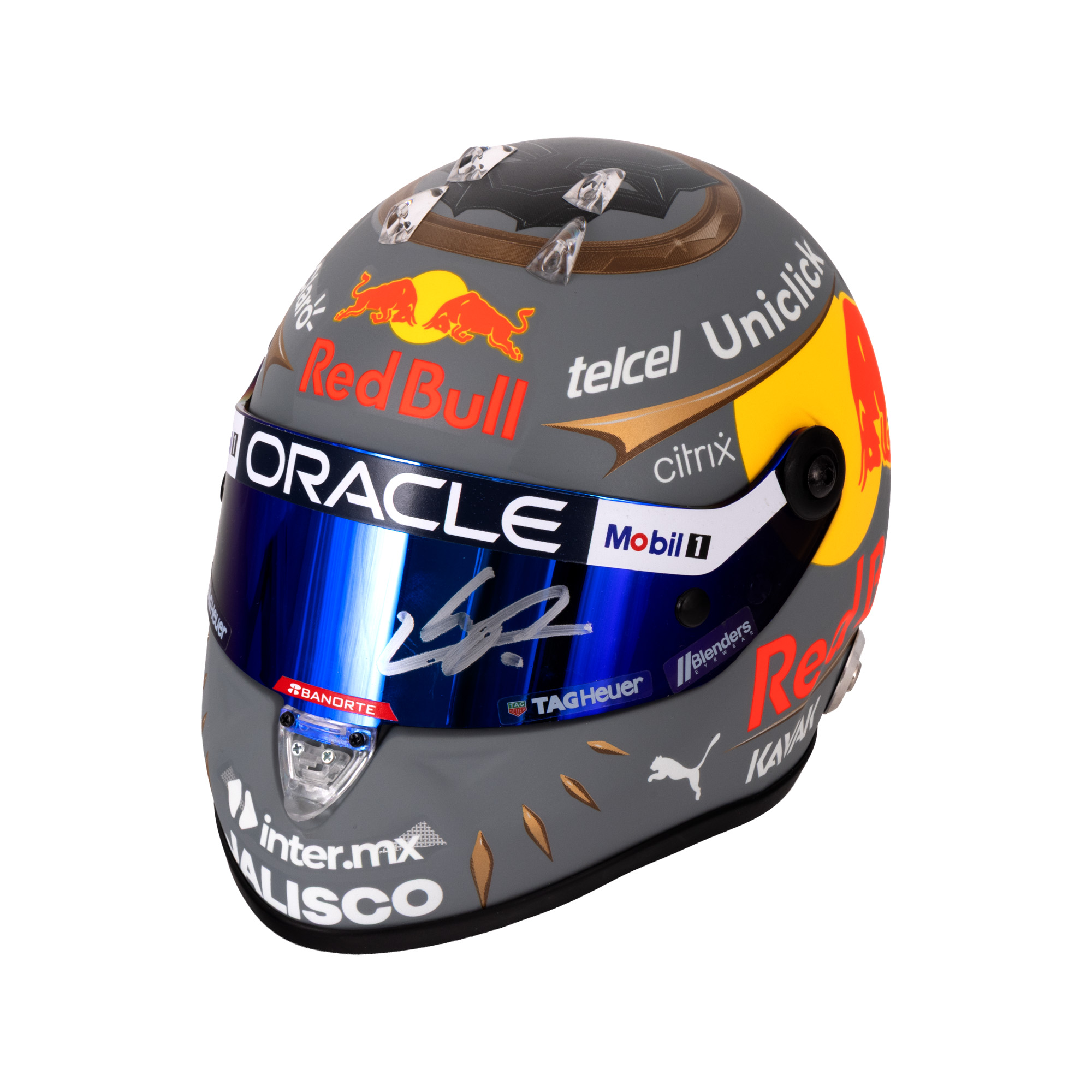 Cască miniaturală, model Formula 1, cu semnătura olografă a lui Sergio Perez