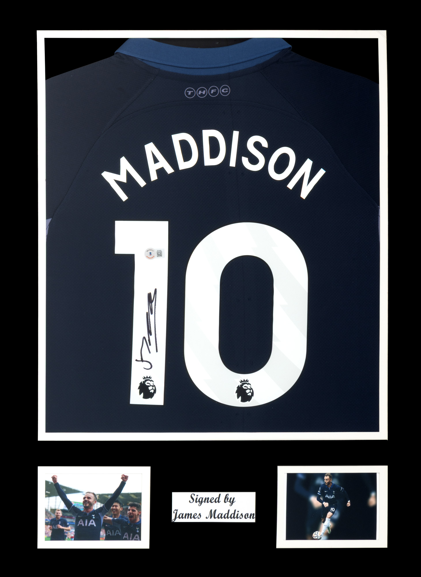 Framed Tottenham Hotspur T-shirt, with James Maddison's holographic signature