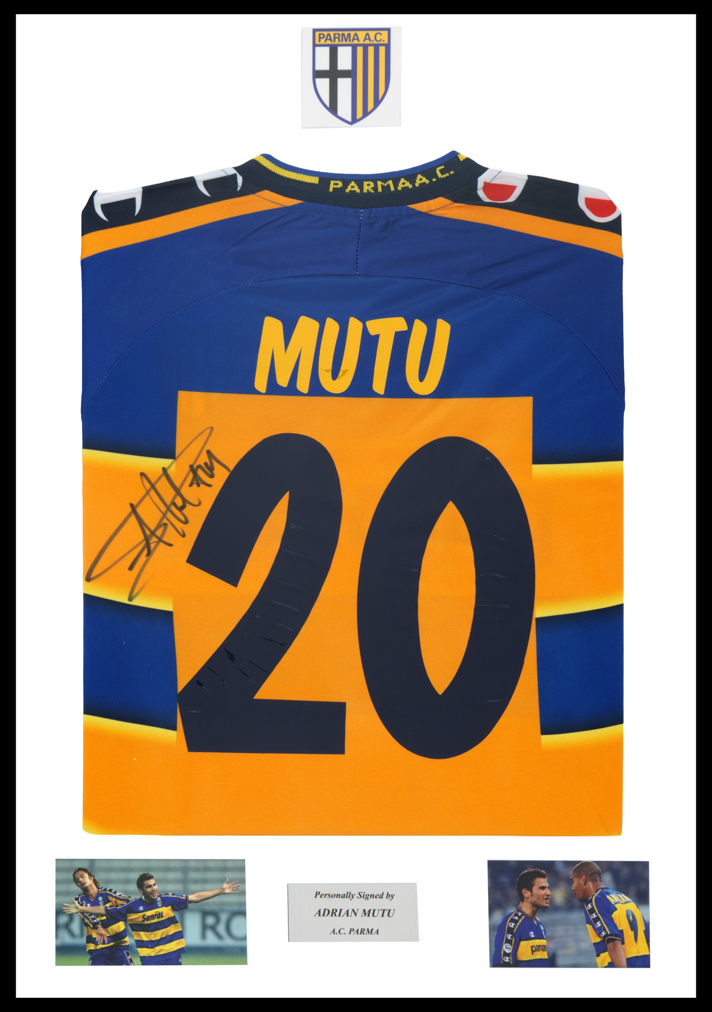 Tricou A.C. Parma, cu semnătura olografă a lui Adrian Mutu, înrămat