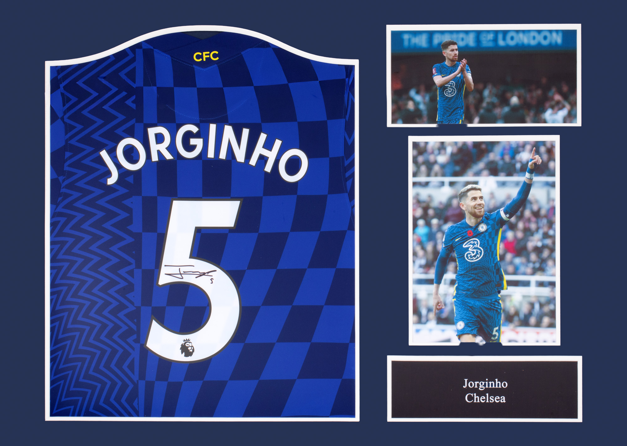 Tricou F.C. Chelsea, cu semnătura olografă a lui Jorge Luiz Frello Filho Cavaliere Omri (Jorginho), înrămat