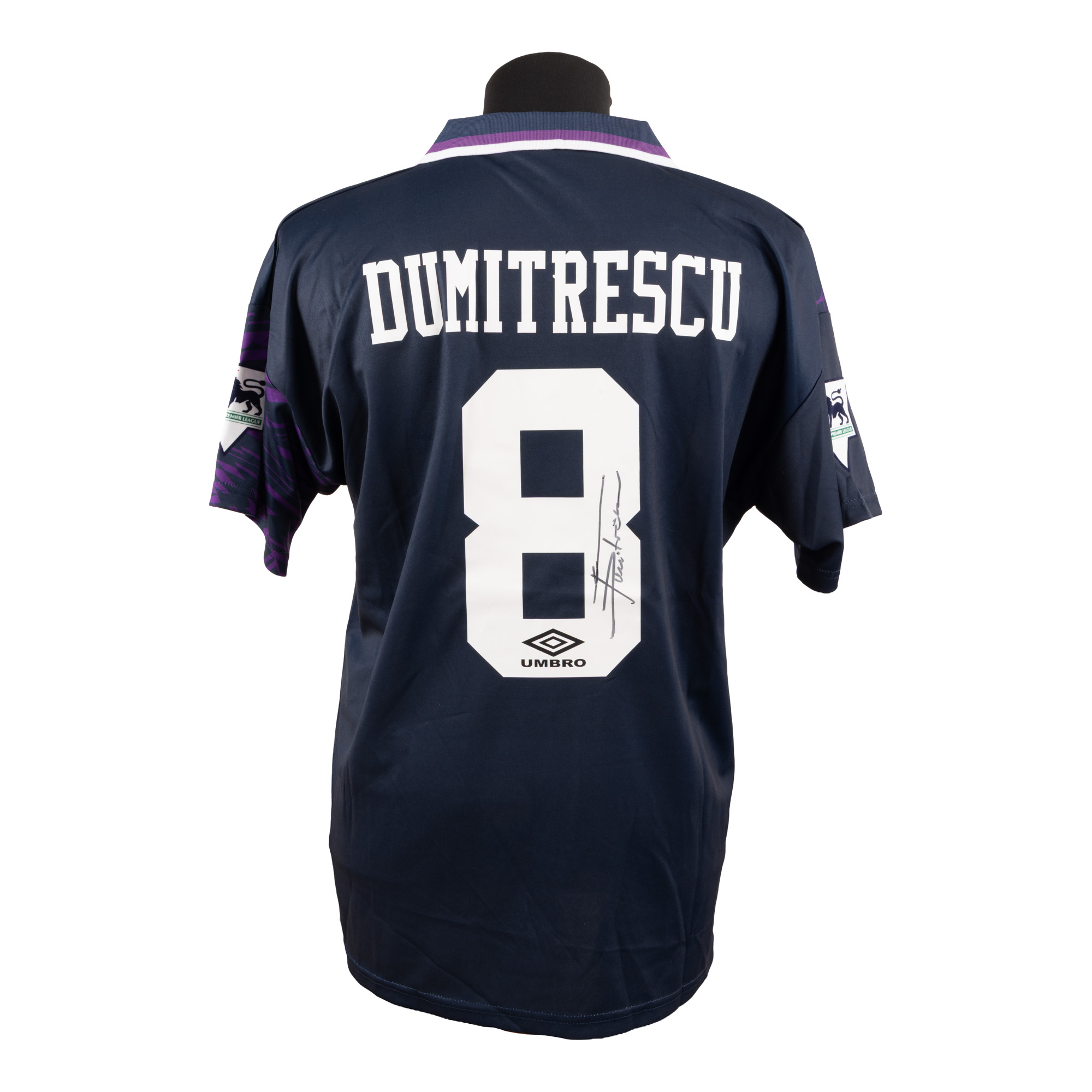 Framed Tottenham Hotspur T-shirt, with Ilie Dumitrescu's holographic signature