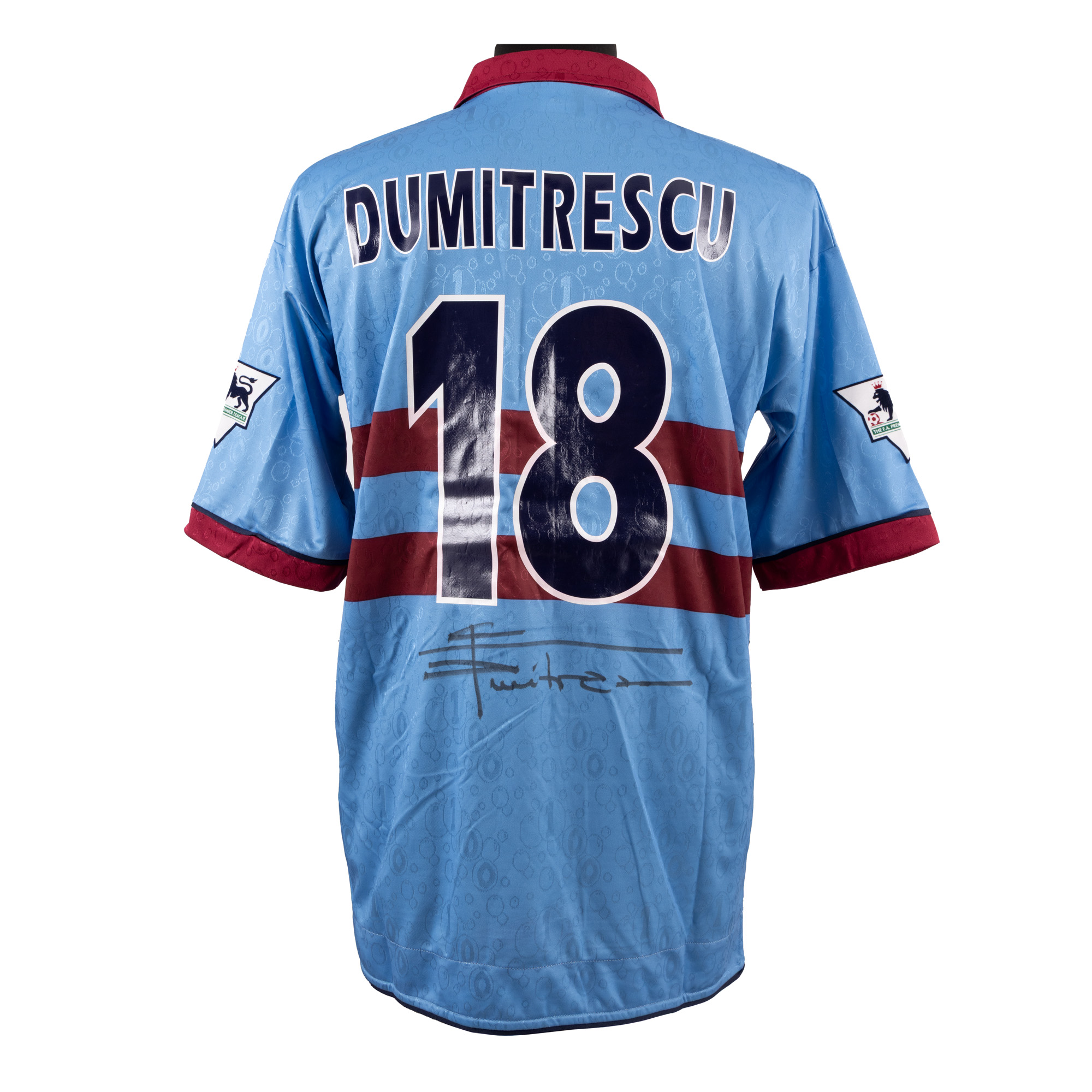 F.C. West Ham United T-shirt, with Ilie Dumitrescu's holographic signature, framed