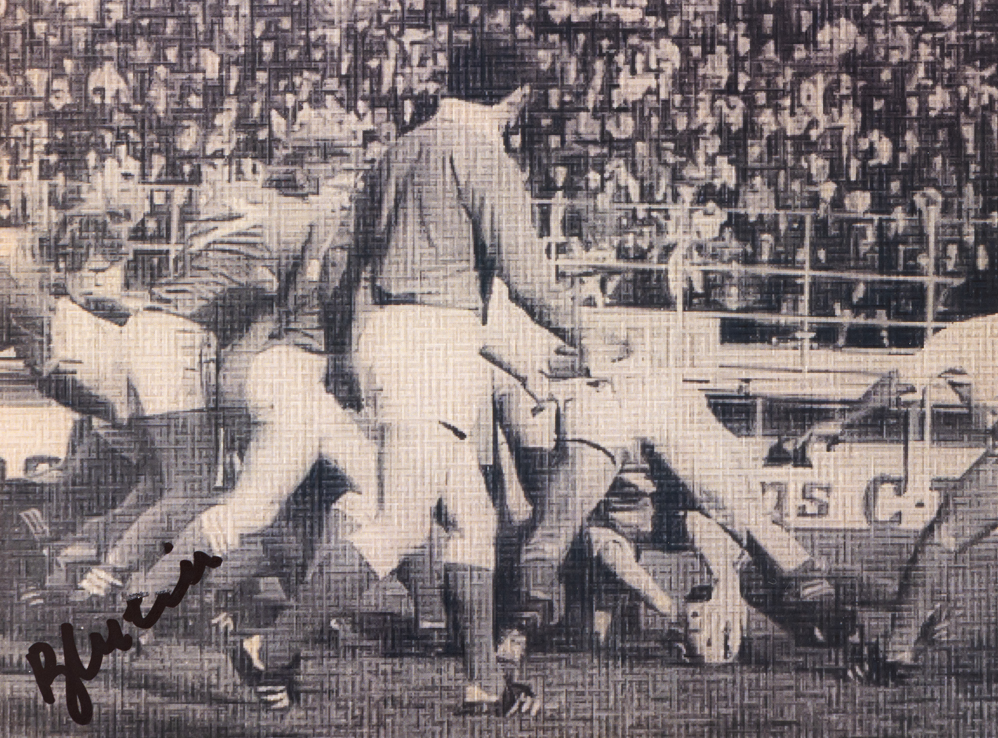 Fotografie reprezentând un meci de rugby, cu semnătura olografă a lui Pompilie Borș, înrămată