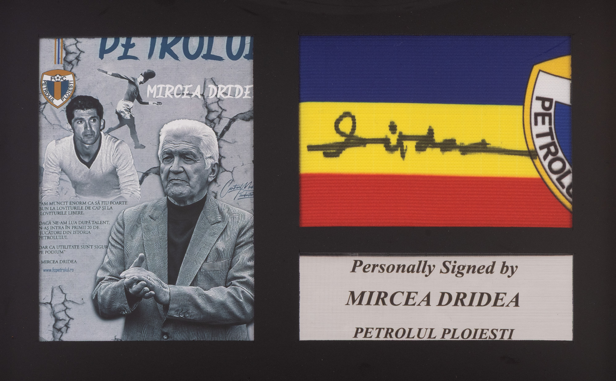 Captain's armband, F.C. Petrolul Ploiești, with Mircea Dridea's handwritten signature, framed