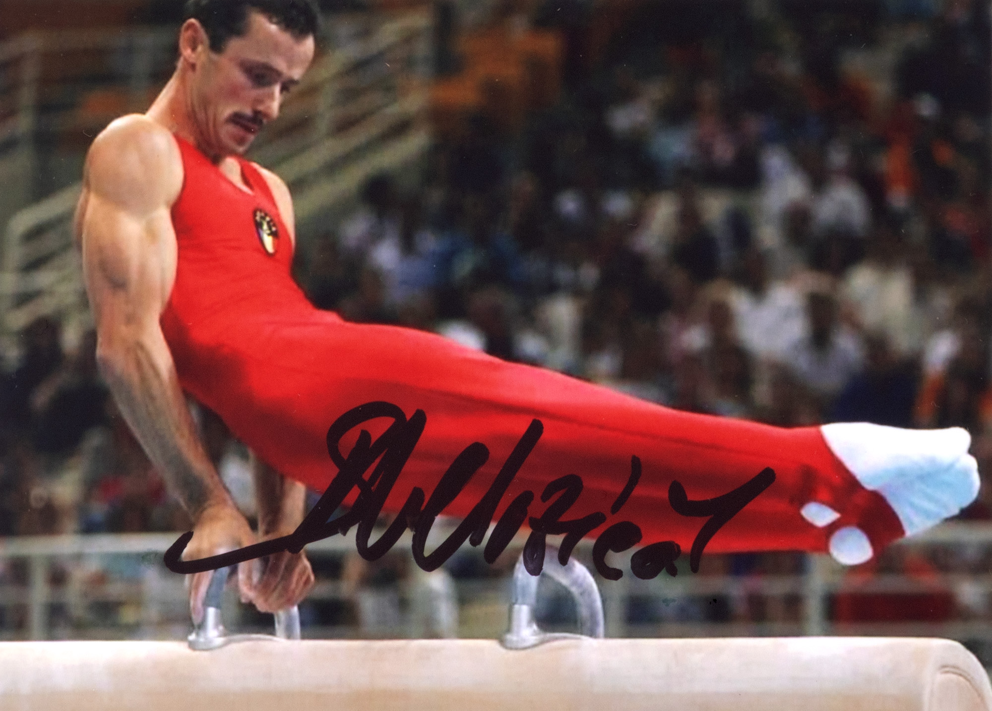 Fotografie reprezentându-l pe Marius Urzică în timpul exercițiului la calul cu mânere, cu semnătura olografă a sportivului, înrămată