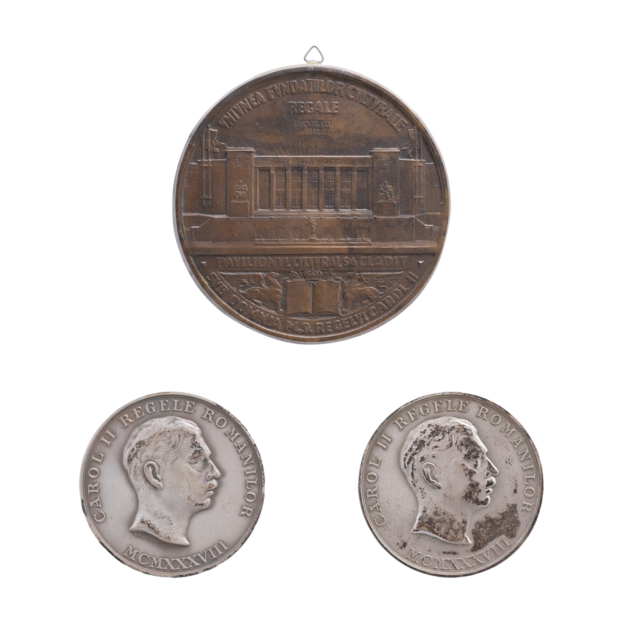 Lot consisting of original model "Union of Royal Cultural Foundations", engravers Emil Wilhelm Becker and Gheorghe Chirovici, 1938, reverse, unique copy and two medals "Union of royal cultural foundations", engraver Emil Wilhelm Becker and Gheorghe Chirovici, 1938