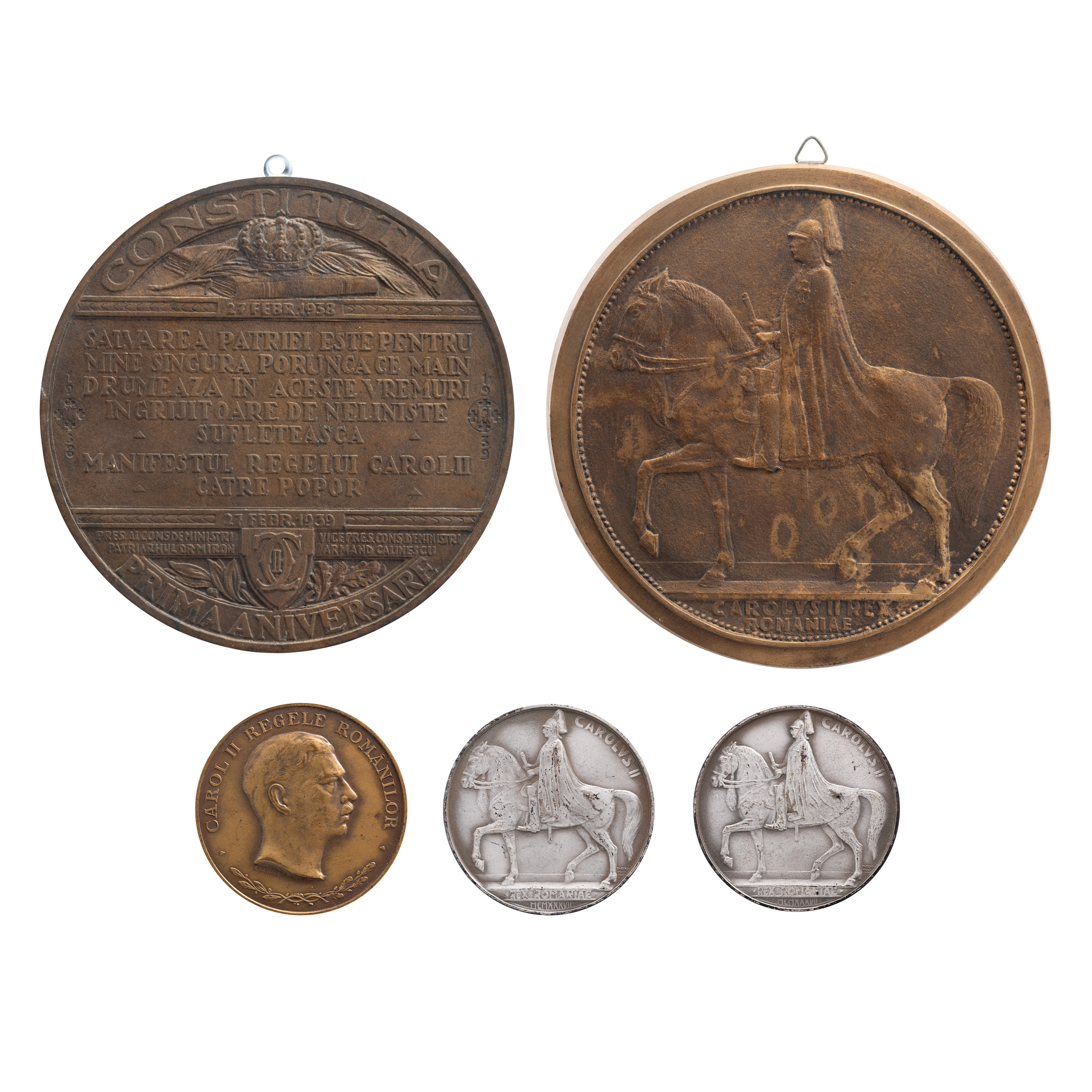 Lot consisting of original model "The Constitution, First Anniversary, February 27, 1938 - February 27, 1939", engraver Emil Wilhelm Becker, 1939, reverse, unique copy, original model "Carolus II Rex Romaniae", engraver Emil Wilhelm Becker, cca. 1933, obverse, unique item, medal "The Constitution, First Anniversary, February 27, 1938 - February 27, 1939", engraver Emil Wilhelm Becker, 1939, one variant, medal "The Constitution, First Anniversary, February 27, 1938 - February 27, 1939", engraver Emil Wilhelm Becker, 1939, second variant in two copies.