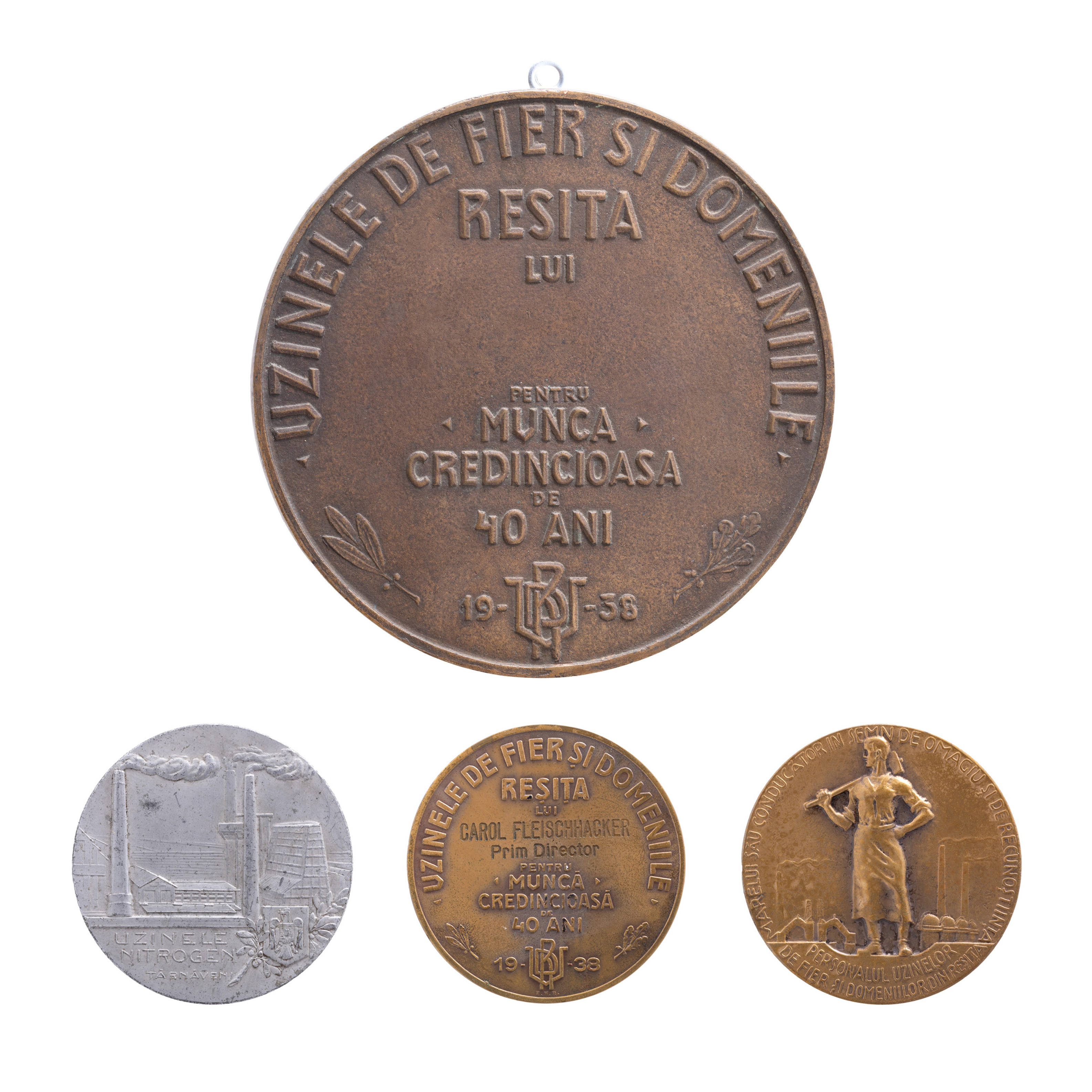 Lot composed of original model "Reșița Ironworks and Domains", engraver Emil Wilhelm Becker, 1938, reverse, unique copy, medal "Reșița Ironworks and Domains, To Carol Fleischhacker, First Director", engraver Emil Wilhelm Becker, 1938, medal "The personnel of the ironworks and domains from Reșița, To their great leader in a sign of homage and gratitude", engraver Emil Wilhelm Becker, 1925, and medal "Nitrogen Plants Târnăveni", 1942.