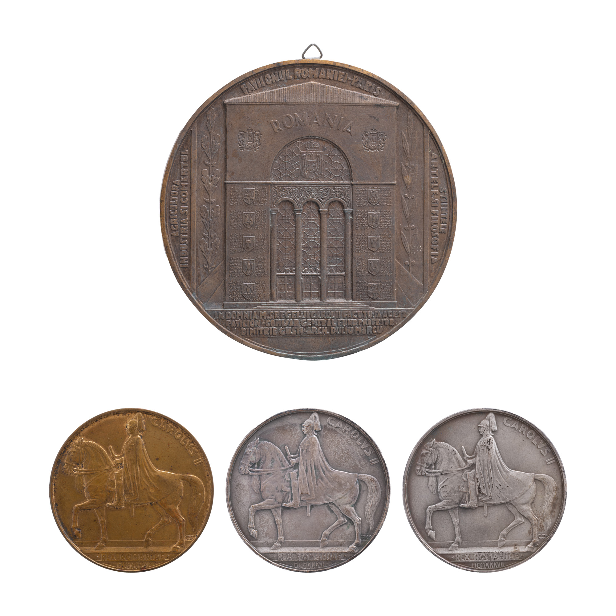 Lot consisting of the original model "Romanian Pavilion at Paris", engraver Emil Wilhelm Becker, 1937, reverse, unique copy, and three medals "Romanian Pavilion at Paris", engraver Emil Wilhelm Becker, 1937