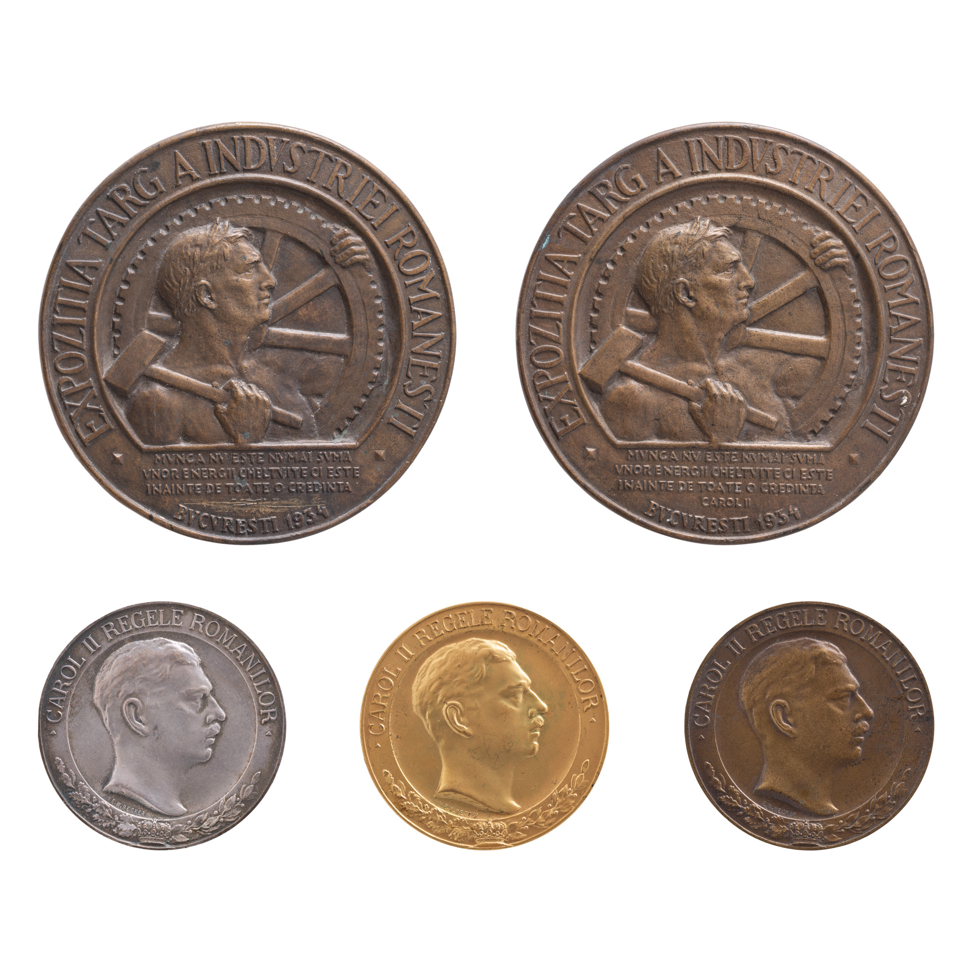 Lot consisting of two original models "Exhibition Fair of Romanian Industry", engraver Emil Wilhelm Becker, 1934, unique copies, medal "Exhibition Fair of Romanian Industry", engraver Emil Wilhelm Becker, 1934, medal "Exhibition Fair of Romanian Industry", engraver Emil Wilhelm Becker, 1934, and medal "Exhibition Fair of Romanian Industry", engraver Emil Wilhelm Becker, 1934.