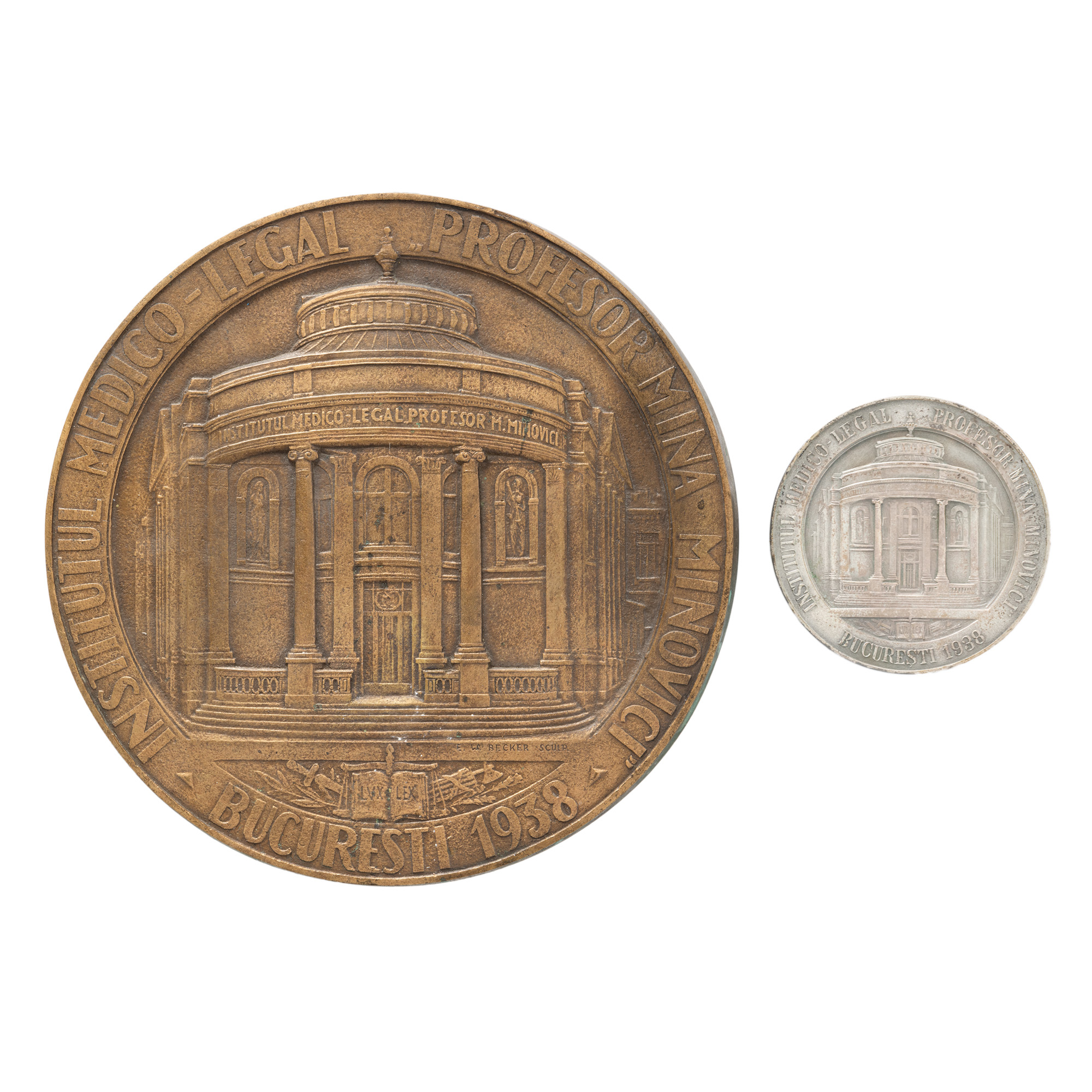 Lot composed of original model "Forensic Institute, Professor Mina Minovici", engraved by Emil Wilhelm Becker, 1938, single copy, and medal "Forensic Institute, Professor Mina Minovici, engraved by Emil Wilhelm Becker, 1938".