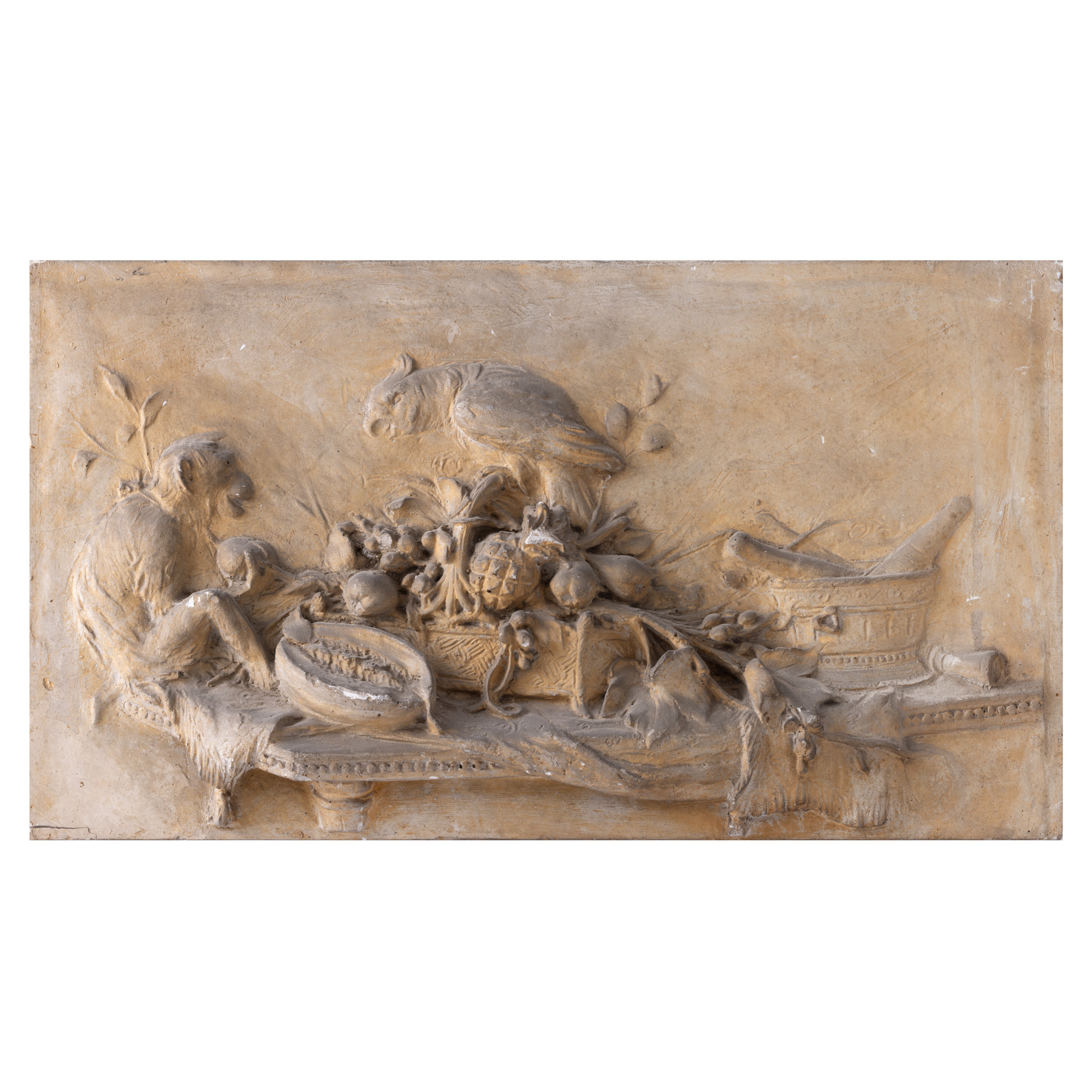 Ornament decorativ în basorelief, ilustrând o natură statică cu maimuță și papagal 