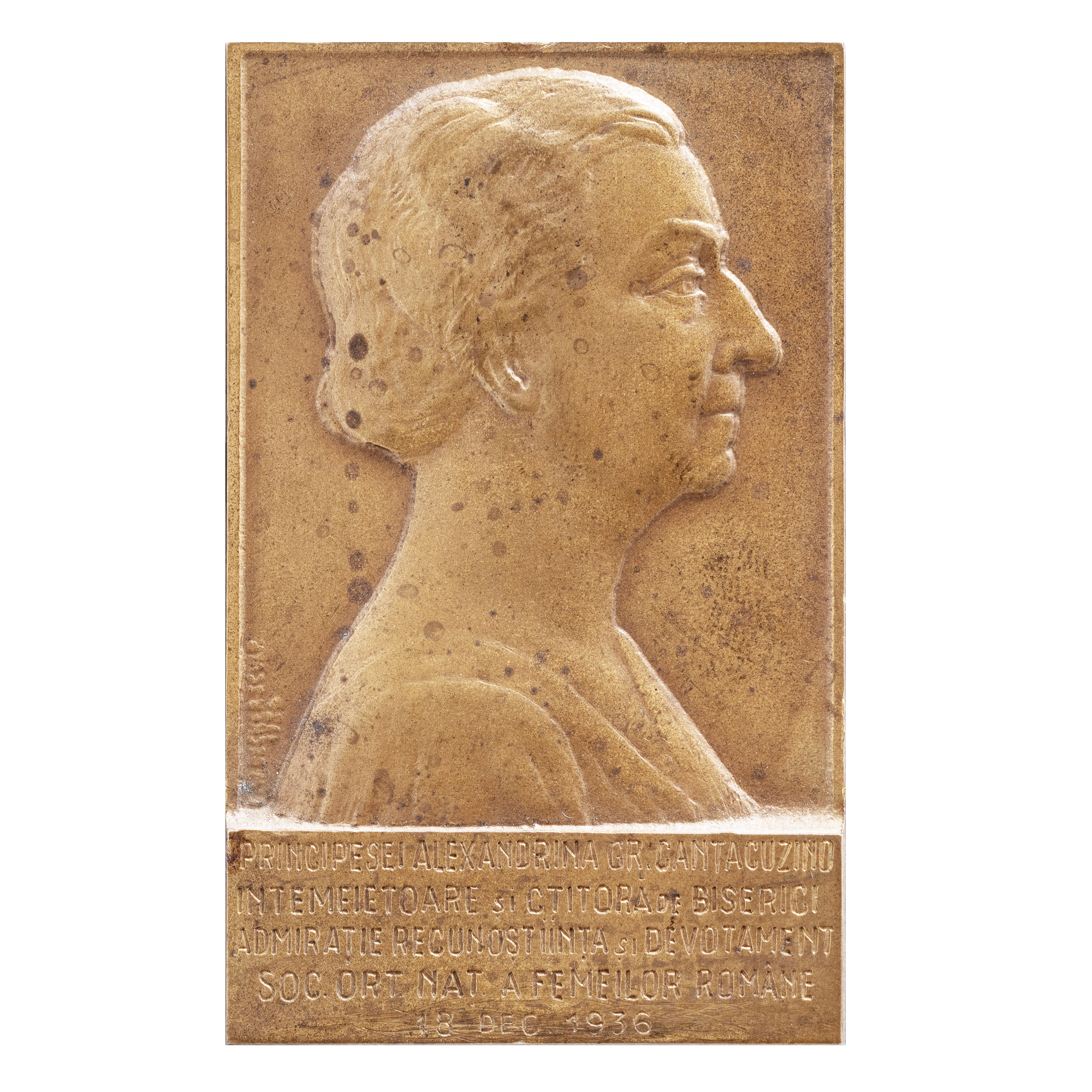 Plachetă ”Principesa Alexandrina Gr. Cantacuzino”, gravor Emil Wilhelm Becker, 1936