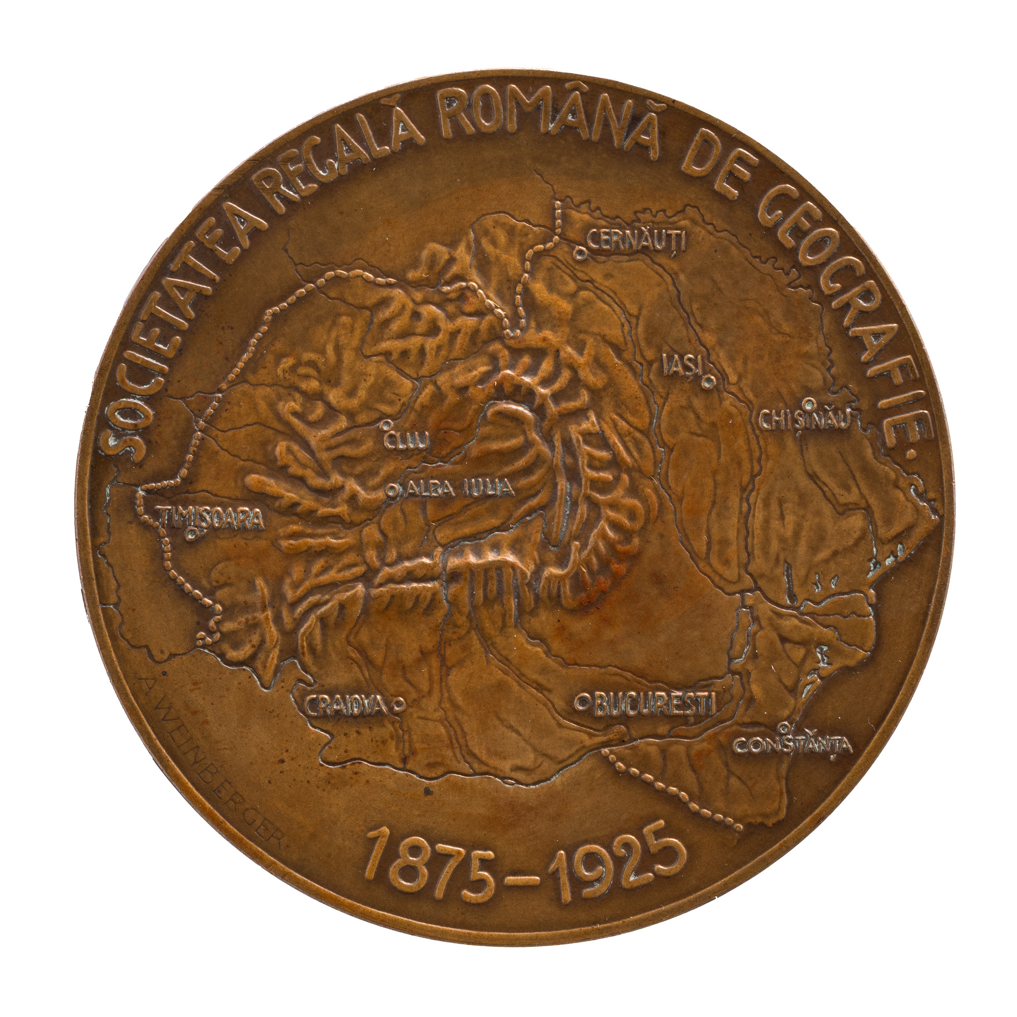 Medalie ”Societatea Regală Română de Geografie, 1875 - 1925”, gravor Anton Weinberger, cca. 1925