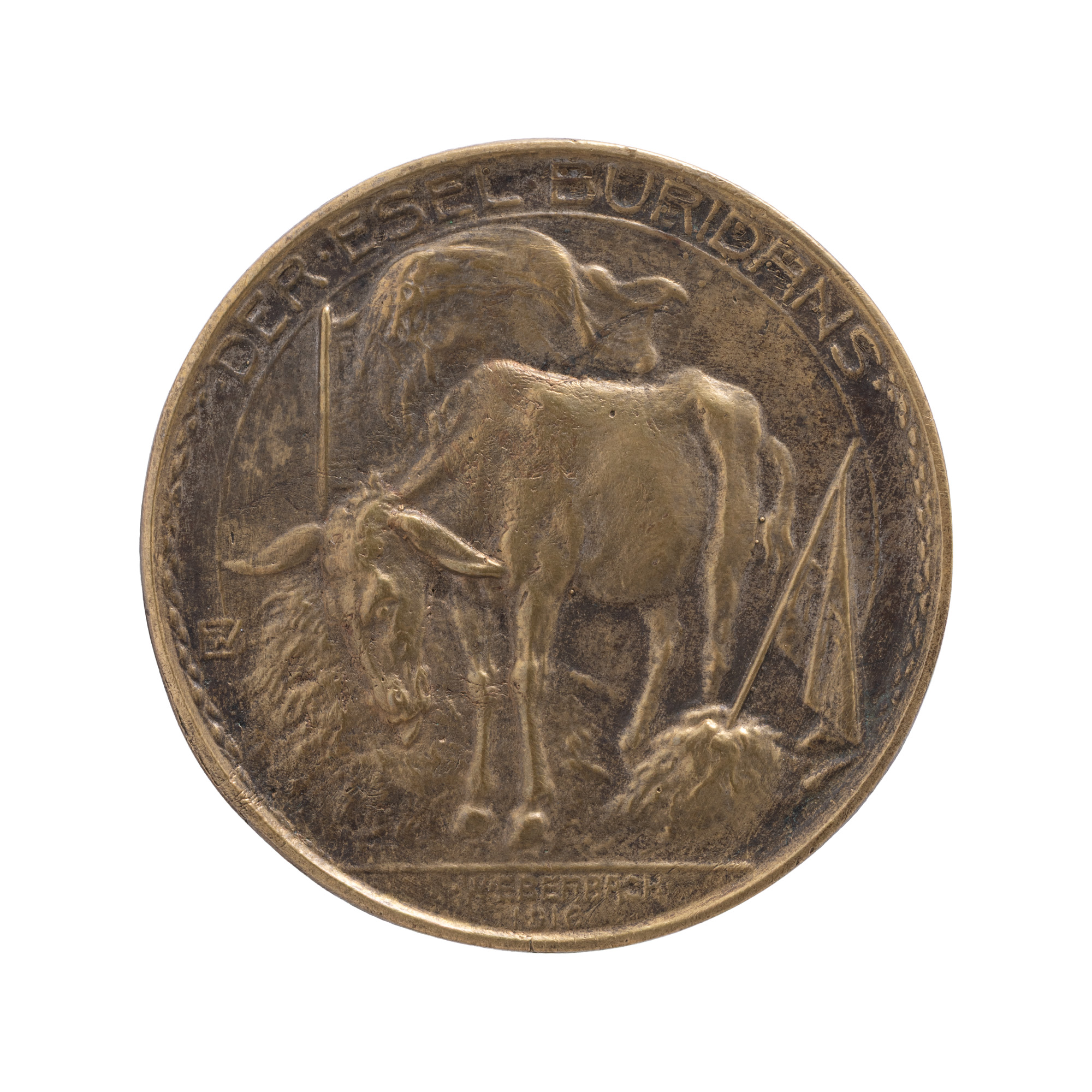 Medalie ”Măgarul lui Buridan, Dedicată românilor dubioși”, gravor Walther Eberbach, 1916, piesă rară