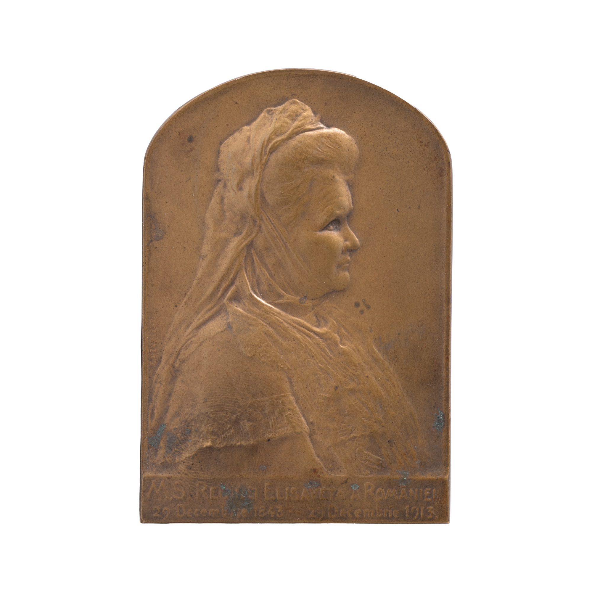 Plachetă ”Regina poetă Carmen Sylva”, gravor Godfroid Devreese, 1913, exemplar de autor