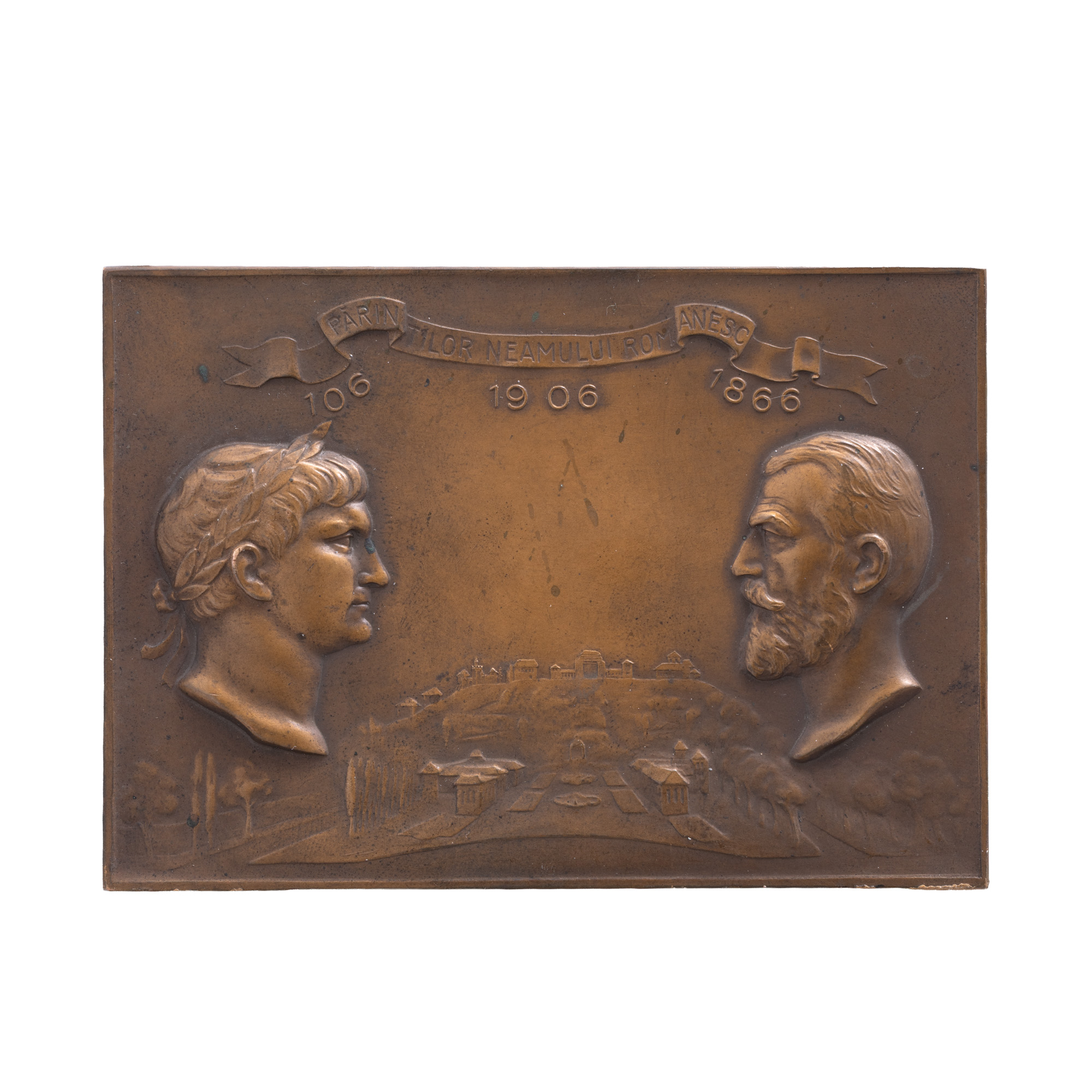 Splendidă plachetă ”Părinților neamului românesc, Traian, Carol I”, gravor Carol Storck, 1906