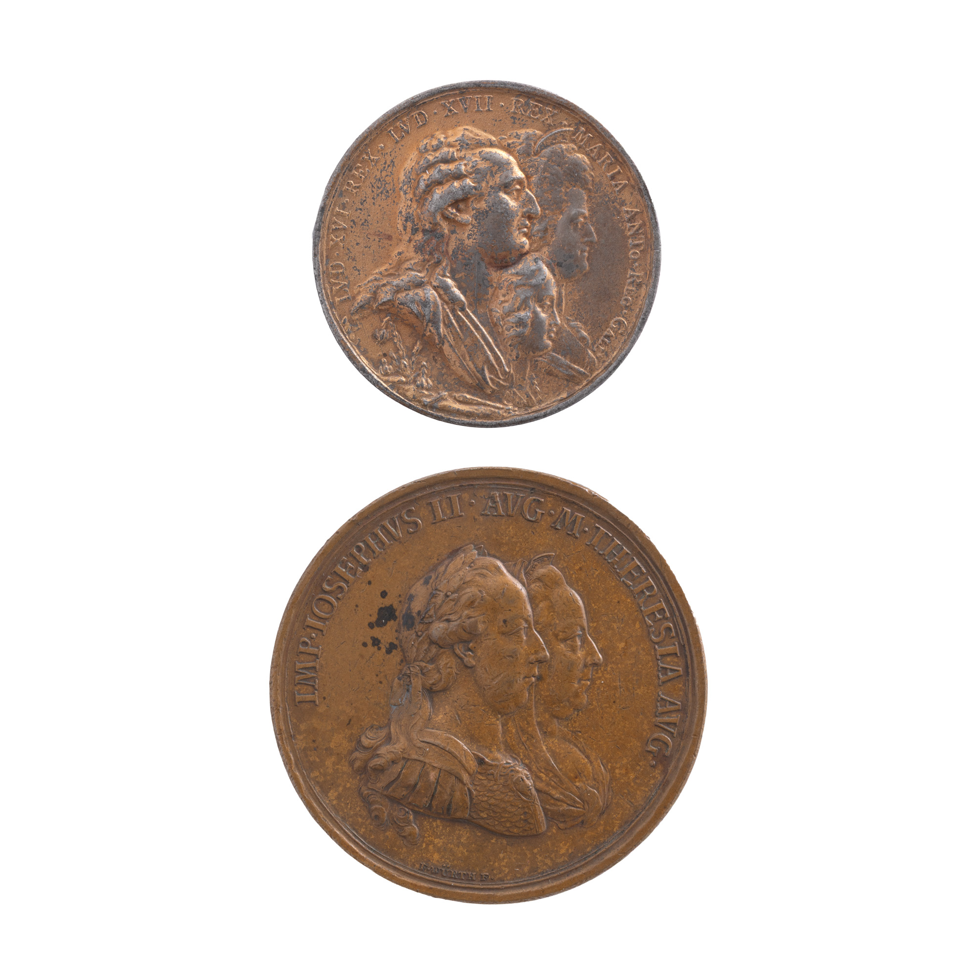 Lot format din două medalii ”Imperator Iosephus II, Augusta Maria Theresia, Dacia Felix”, gravor Franz Xaver Wurth, 1769, și ”Ludovic XVI, Ludovic XVII, Maria Antoaneta”, gravor Friedrich Heinrich Kruger cel bătrân, a doua jumătate a sec. XVIII
