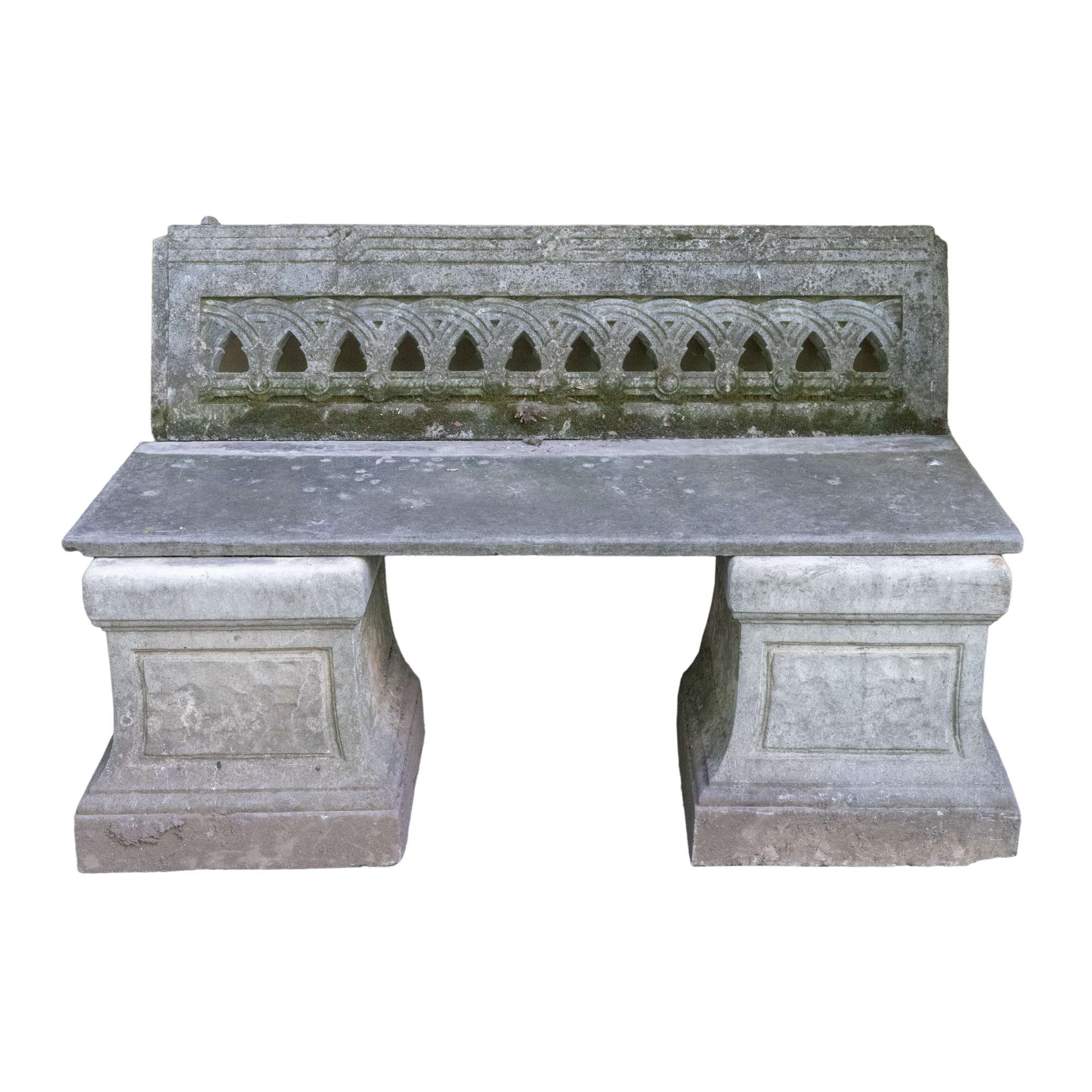 Bancă de grădină, în stil Neo-Românesc, decorată cu bandouri geometrice