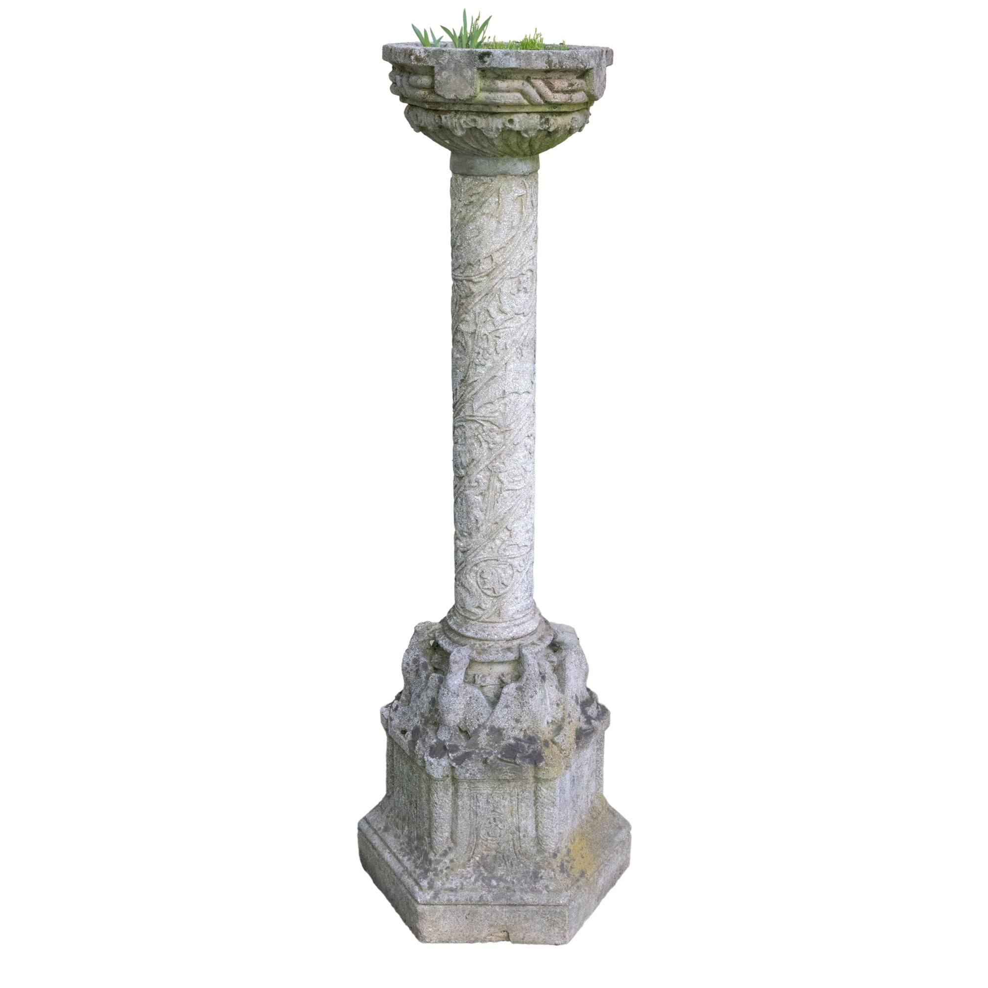 Neo-Romanian style column, decorated with vegetal and avimorphic elements