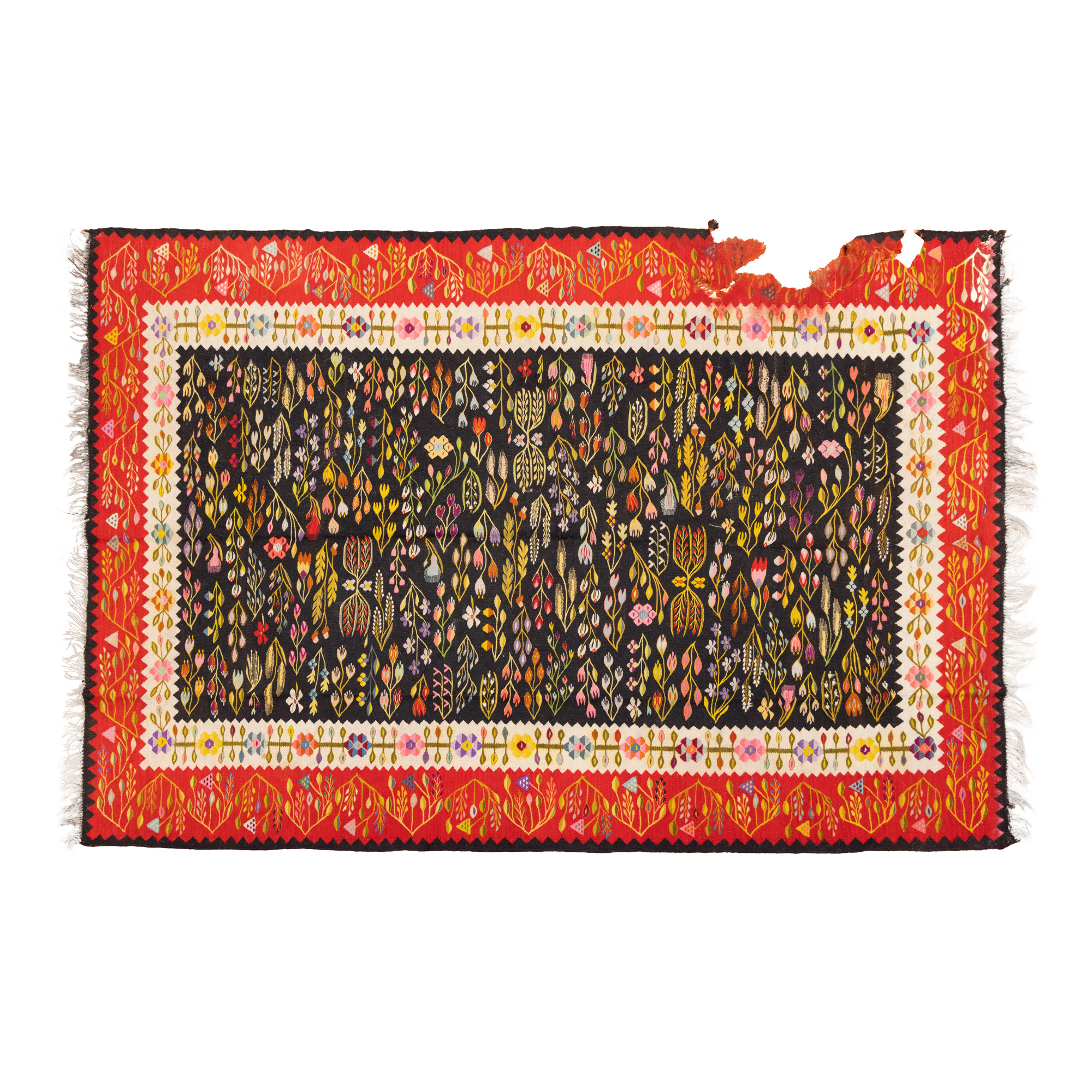 Oltenian wool carpet, richly decorated with cornflowers, marshmallows and tulips, beginning of the 20th century