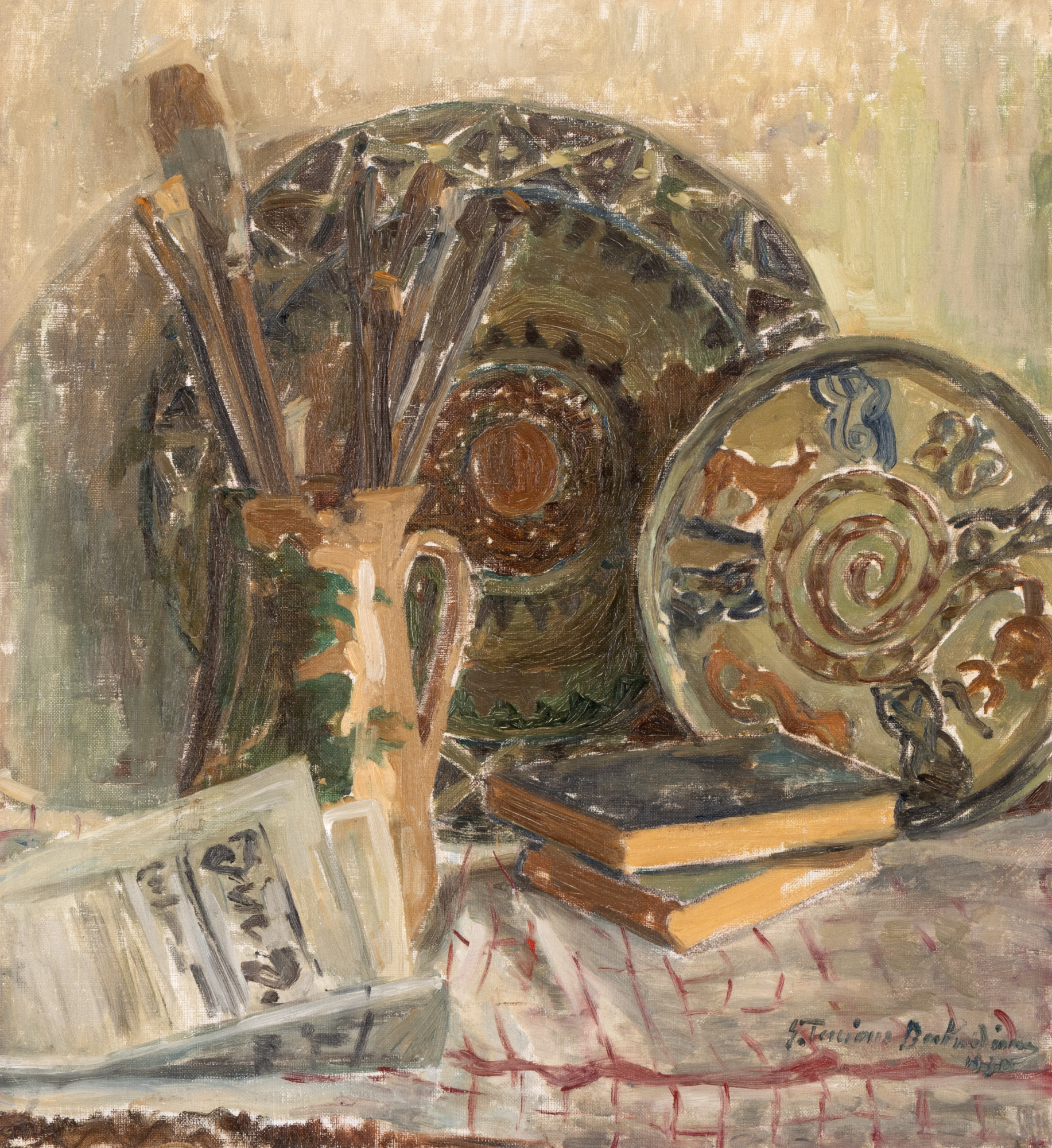 Still Life with Brushes and Folk Ceramics