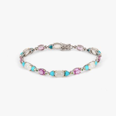 White gold bracelet, decorated with turquoise, opals, peridots, and sapphires