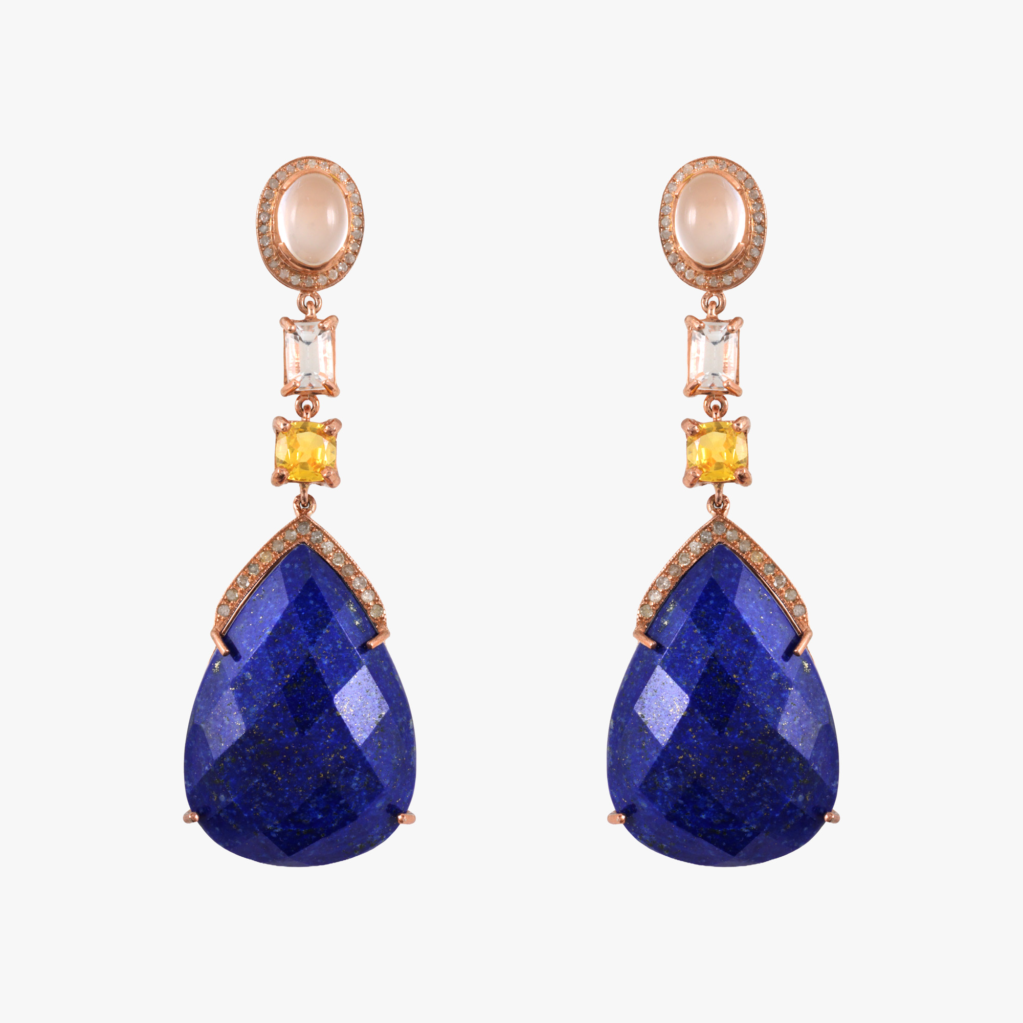 Pereche de cercei din argint aurit cu aur roz, decorată cu lapis-lazuli, diamante, topaze, safire și piatra lunii 