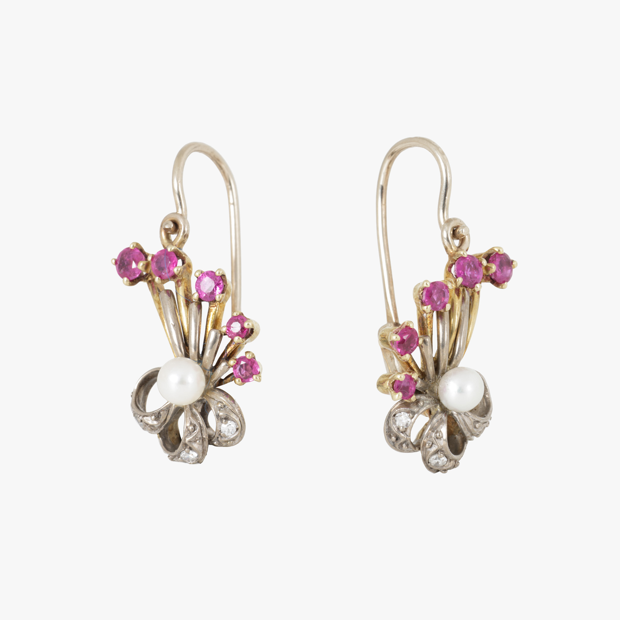 Pair of bicolor gold earrings, decorated with pearls, rubies and diamonds