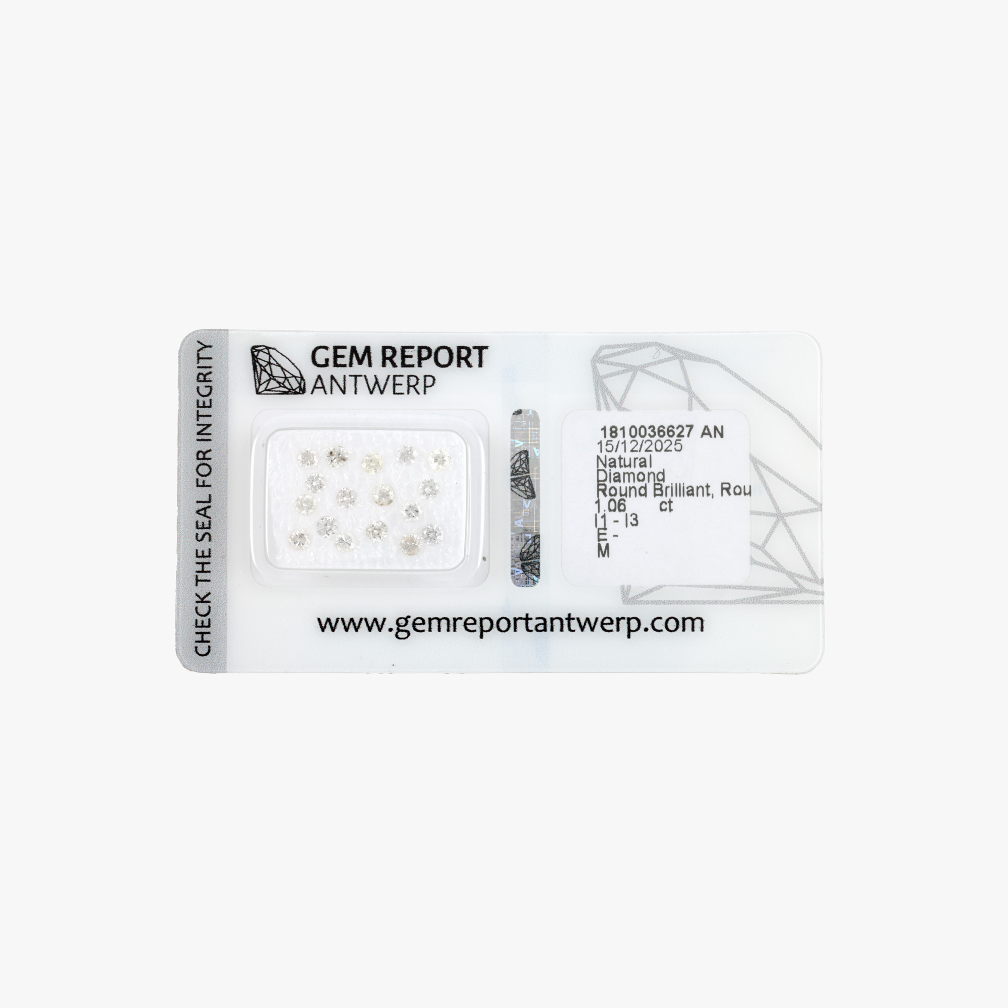 Lot format din 17 diamante, I1-I3, culoare E-M, cca. 1,06 ct., însoțit de certificat Gem Report Antwerp
