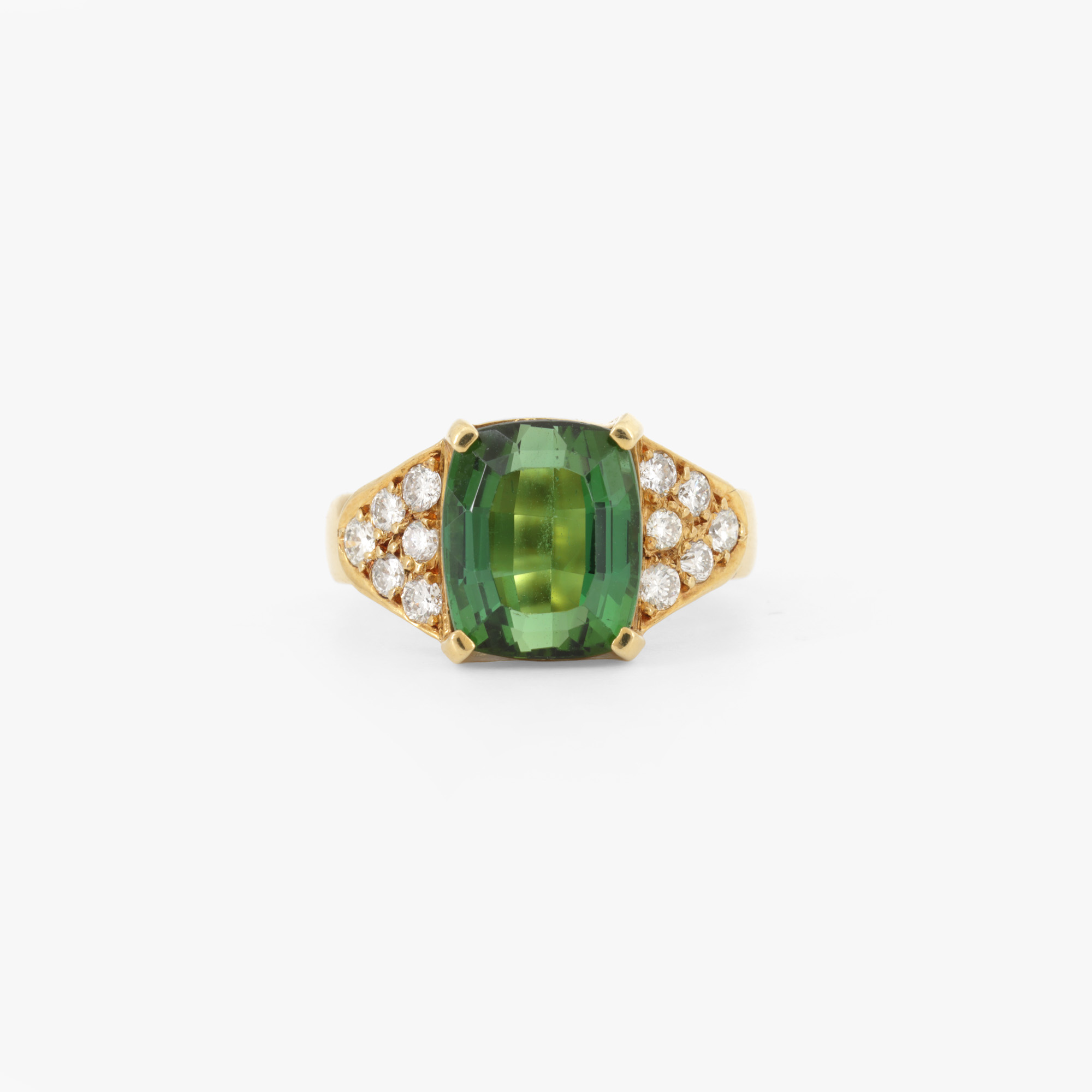 Gold ring decorated with green tourmaline and diamonds, accompanied by additional gemological certificate