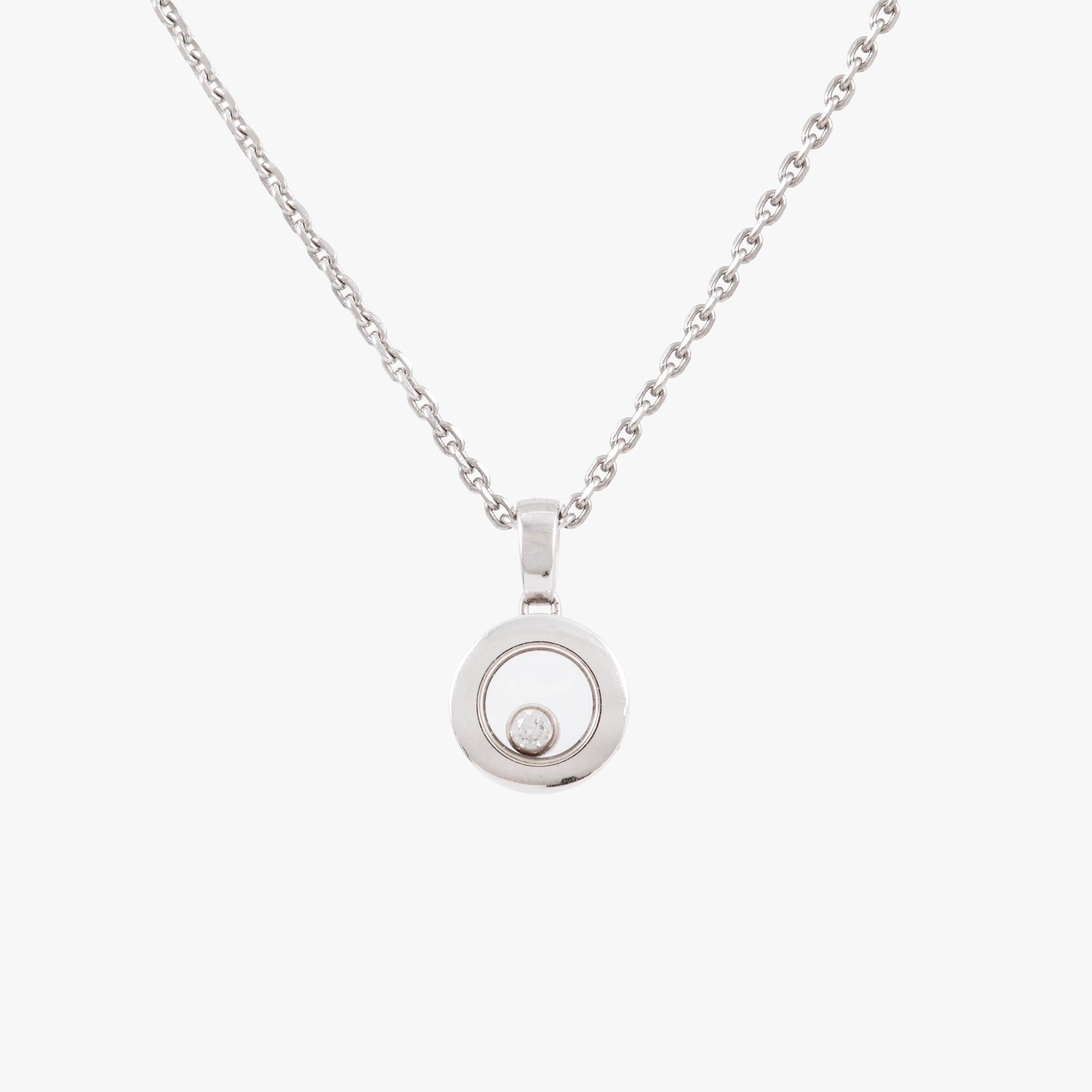 Lanț cu pandantiv Chopard, din aur alb, decorat cu diamante, însoțit de cutia originală