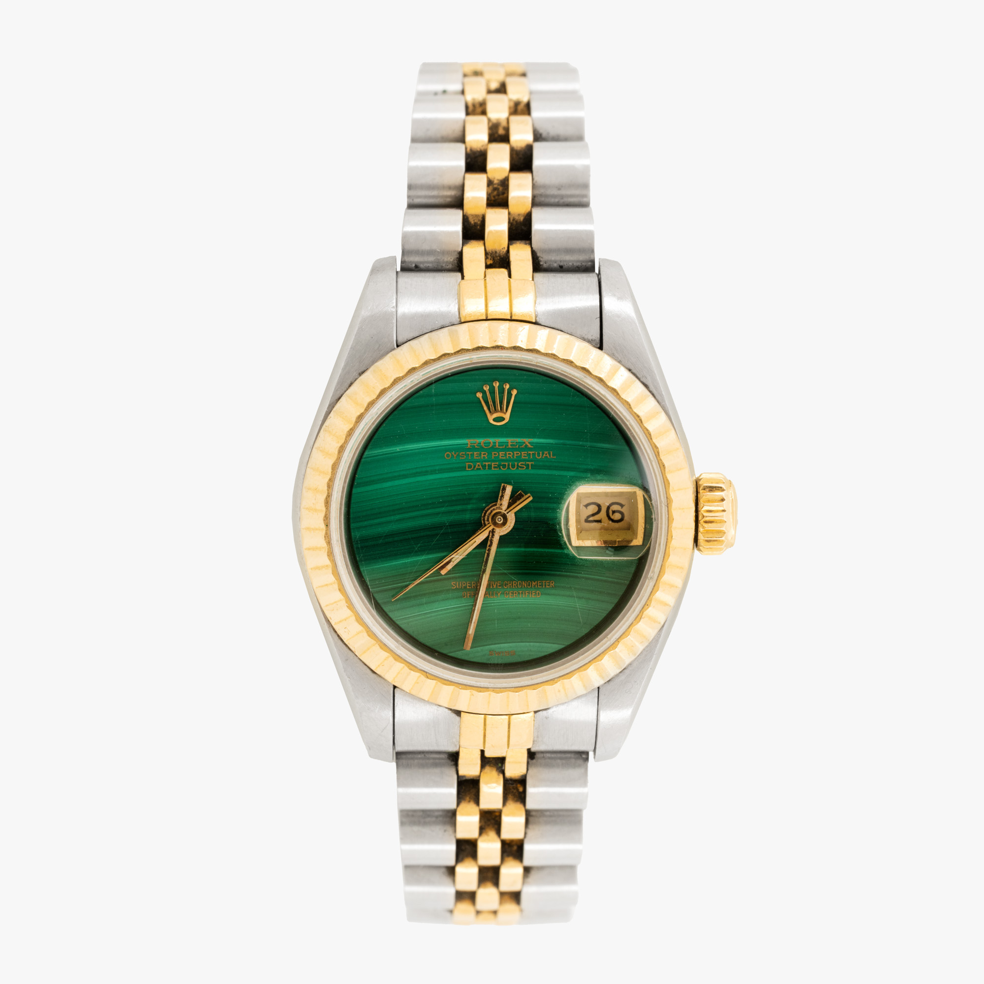 Ceas Rolex Datejust, cu cadran malachit, de mână, de damă, însoțit de cutia originală și garanție