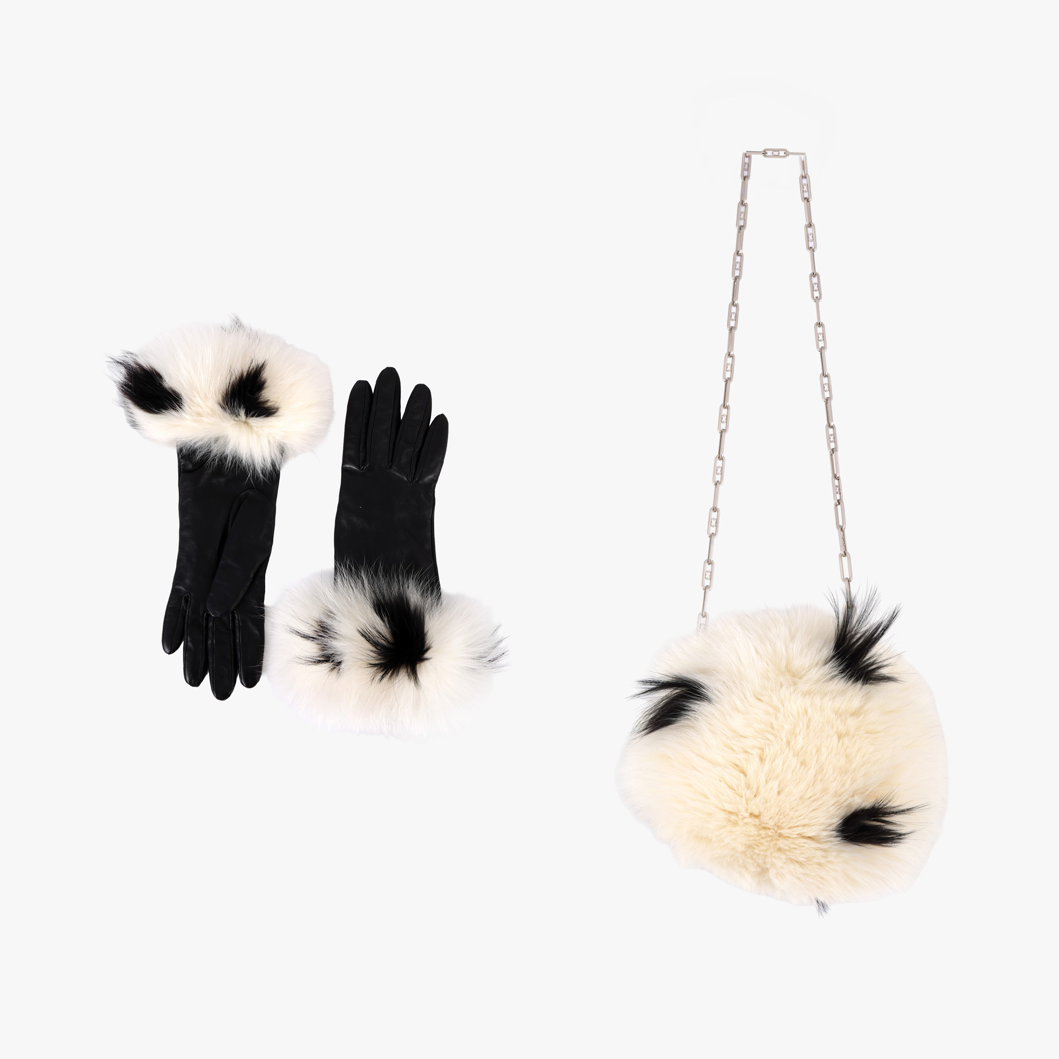 Escada set consisting of handbag and pair of gloves made of leather and fur