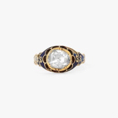 Victorian style gold ring, decorated with a diamond of approx. 1.59 ct. and enamel, circa 1880, accompanied by additional gemological certificate