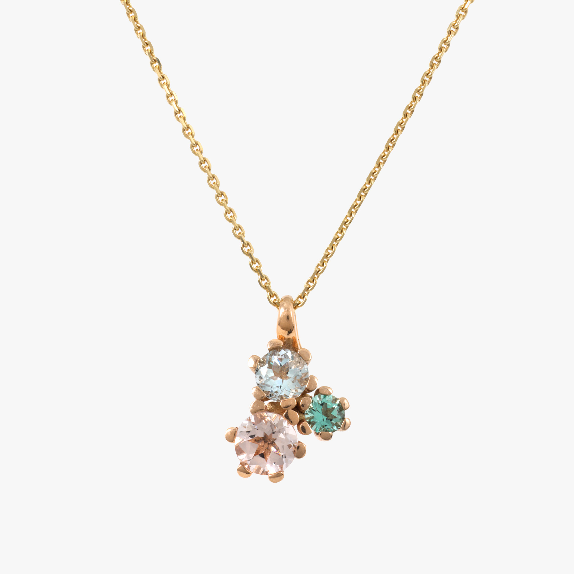 Bicolor gold chain with pendant, decorated with green beryl, aquamarine and morganite