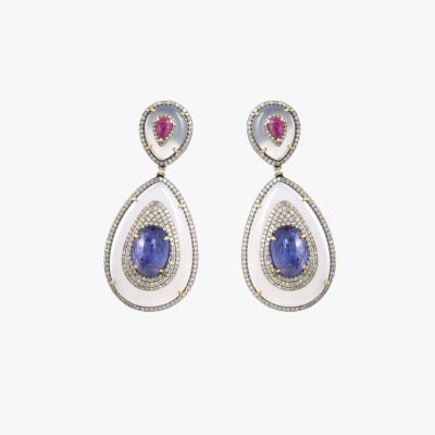 Pair of silver earrings, decorated with chalcedony, rubies, tanzanite and diamond paving