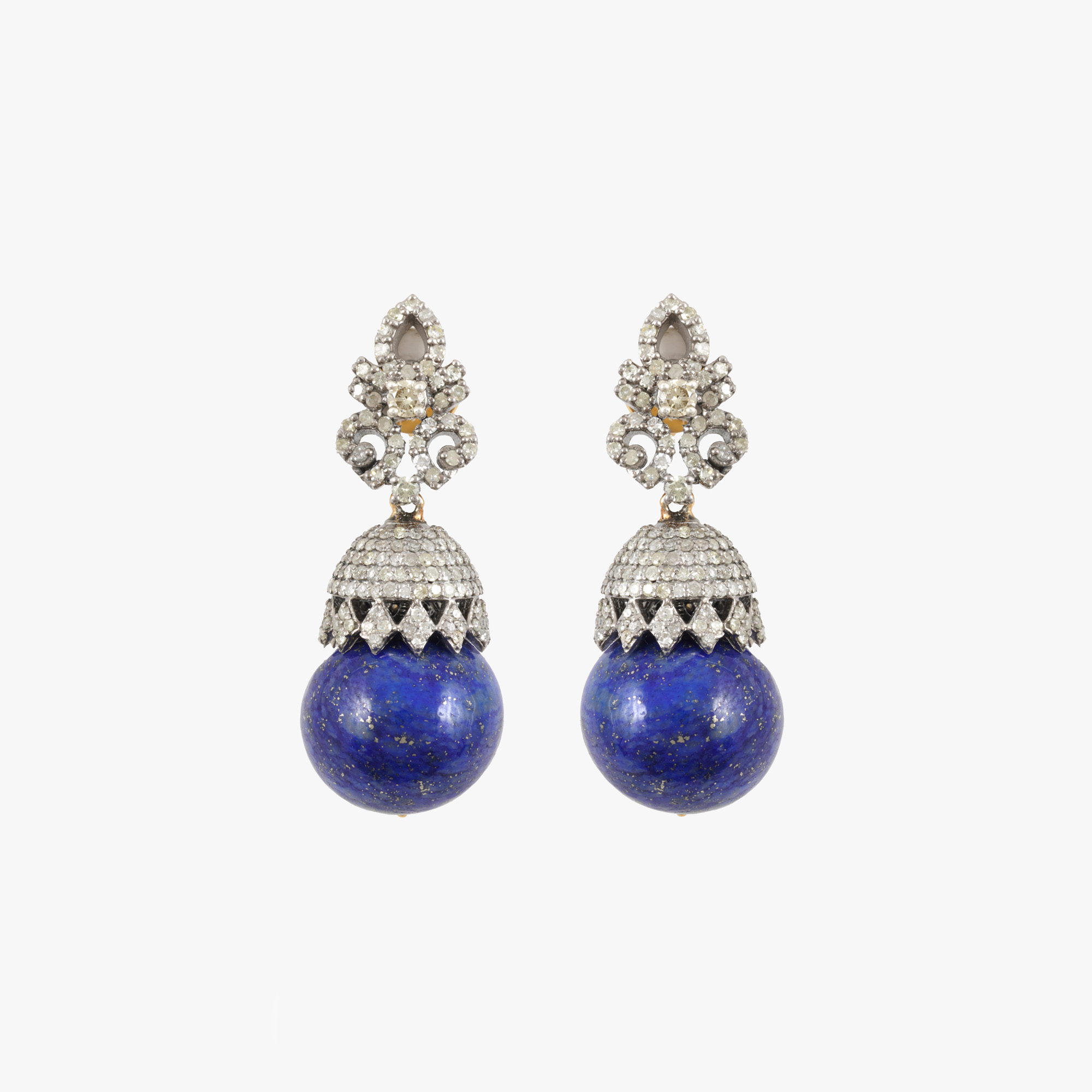 Pair of silver earrings, decorated with diamonds and lapis lazuli