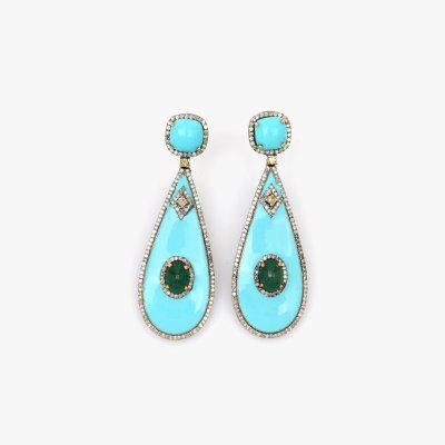 Pair of partially gilded silver earrings, decorated with diamonds, emeralds, turquoises and enamel