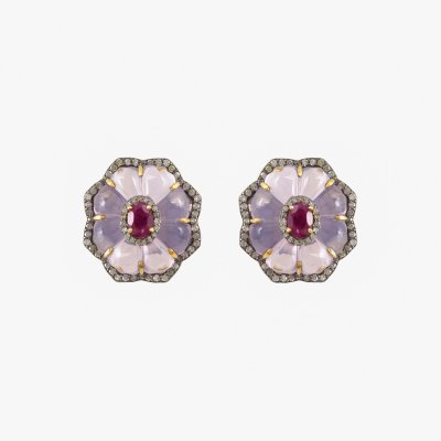 Pair of silver earrings, decorated with diamonds, rubies and carved amethysts
