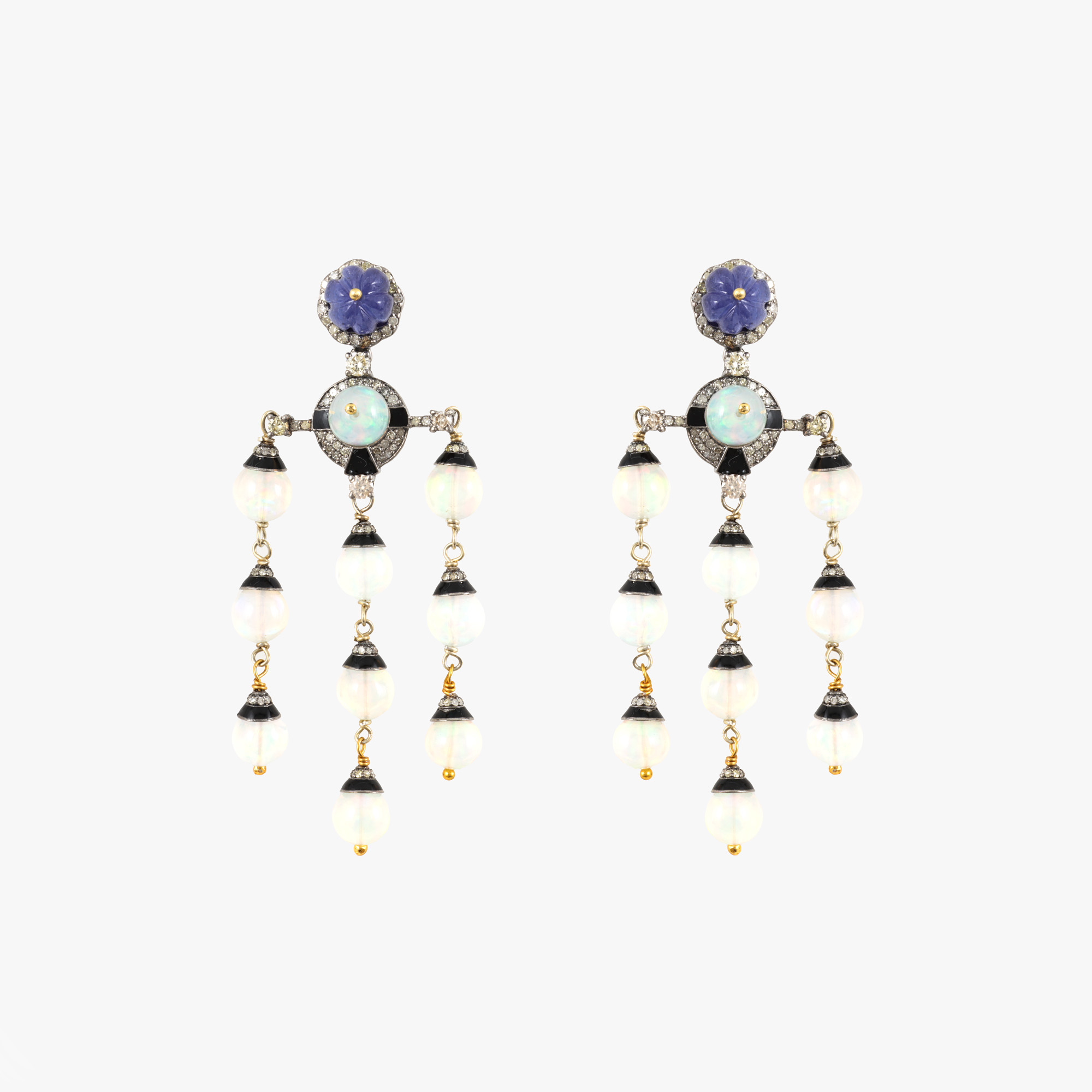 Pereche de cercei din argint, decorată cu diamante, tanzanite și opale