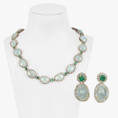 Silver set, consisting of necklace and pair of earrings, decorated with diamonds, aquamarines and emeralds