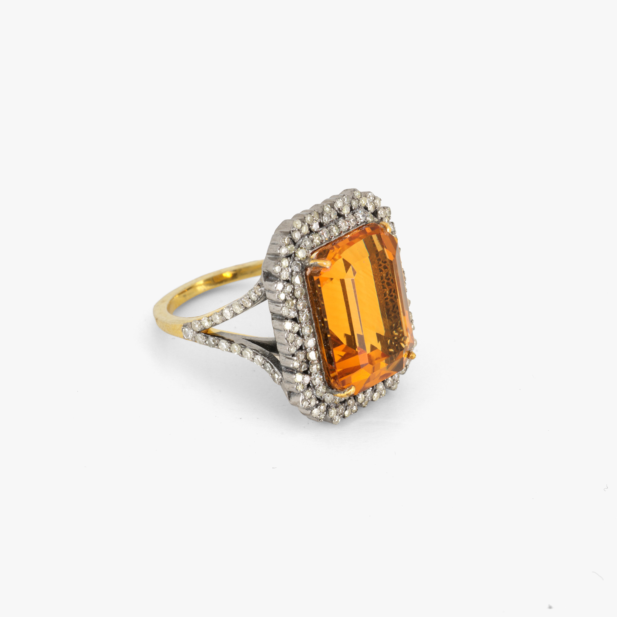 Partially gilded silver ring, decorated with citrine and diamond paving