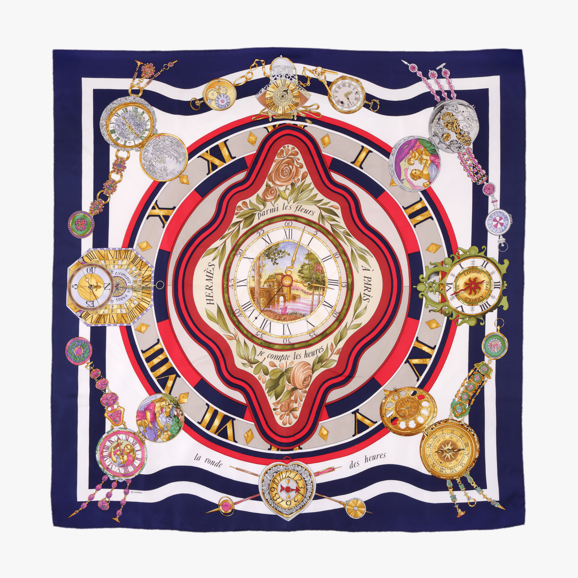 Eșarfă Hermès La Ronde des Heures, design Loïc Dubigeon, 1986