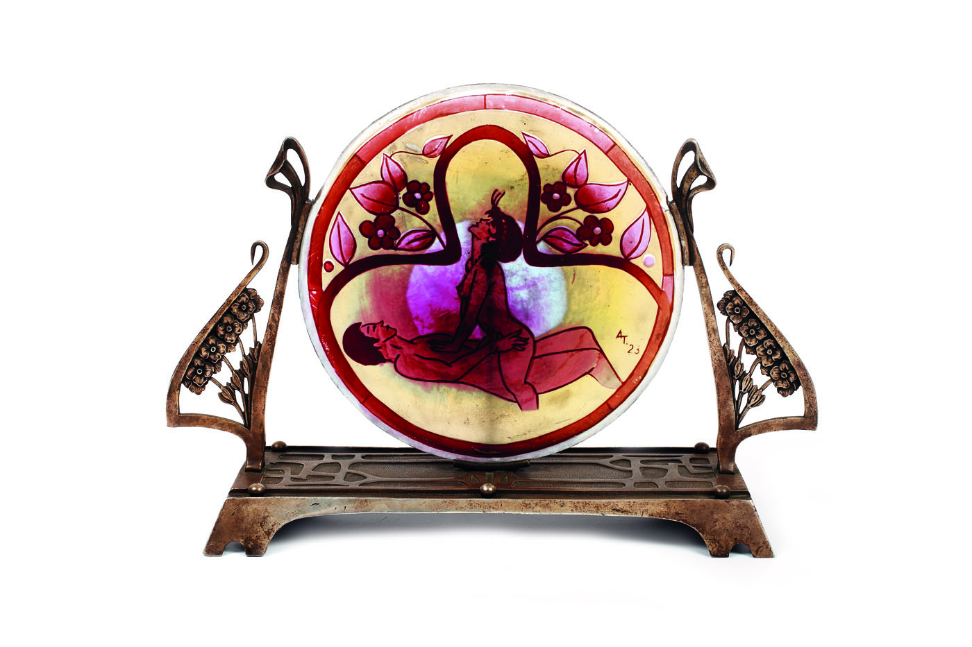 Piesă decorativă Art Nouveau, cu panou erotic din sticlă stratificată, 1923