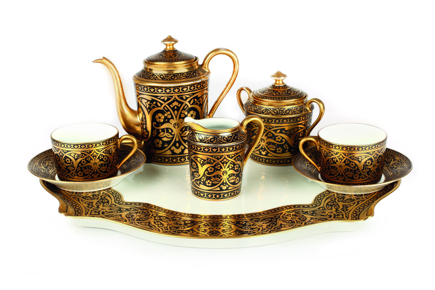 Tête-à-tête din porțelan Limoges pentru cafea, decorat în stil Art Deco, cca. 1930